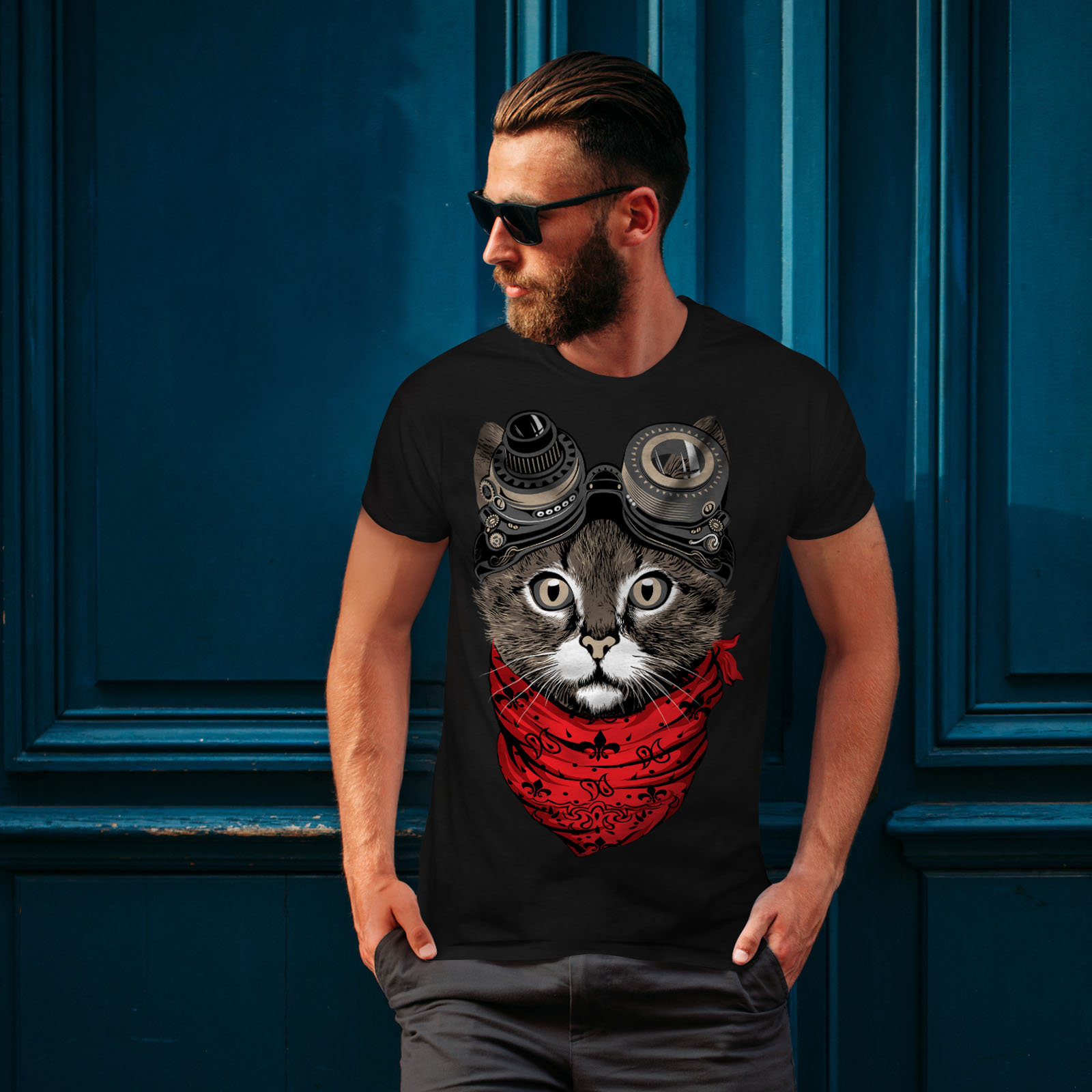 Wellcoda Aviator Fashion Cool Cat Mens T-shirt