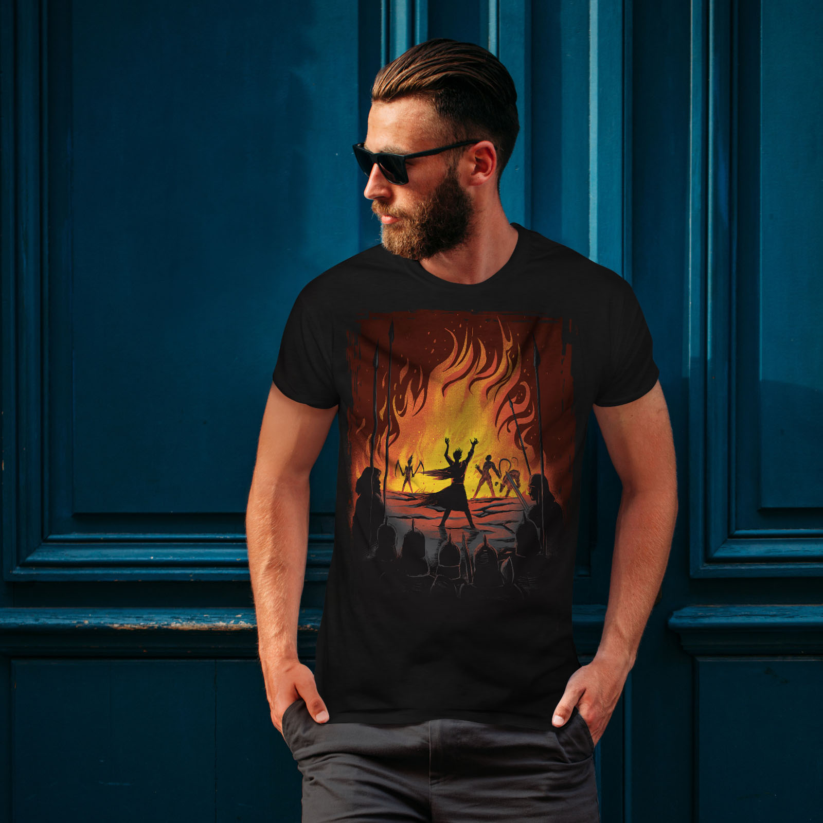 Wellcoda Fantasy Fire warrior Battle Flames Epic Mens T-shirt