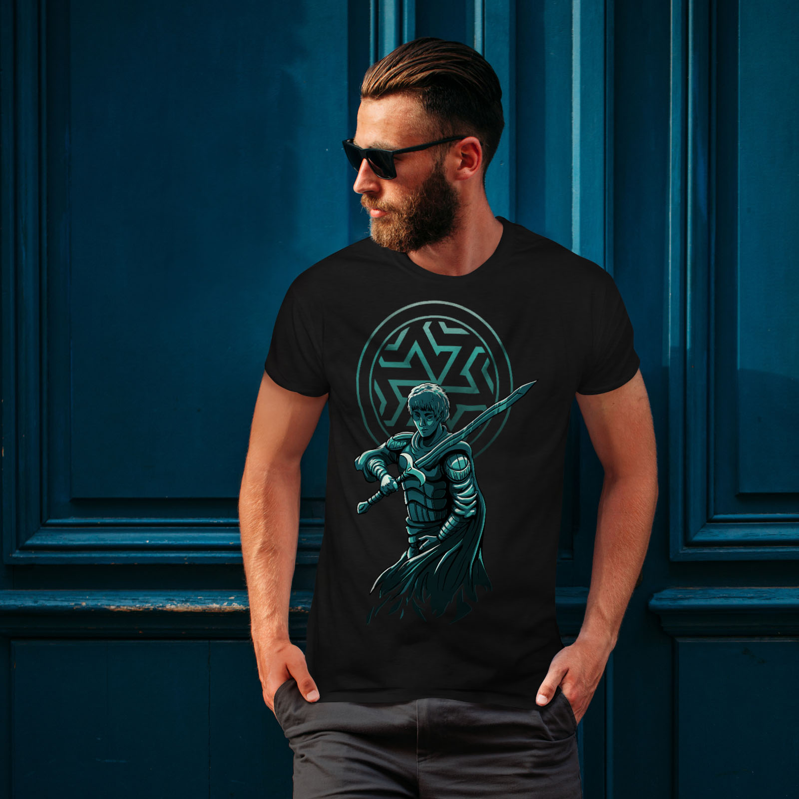 Wellcoda Confident Warrior with Sword and Armor Mens T-shirt