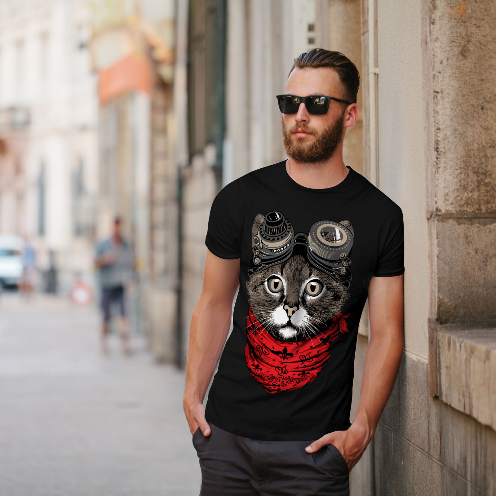 Wellcoda Aviator Fashion Cool Cat Mens T-shirt