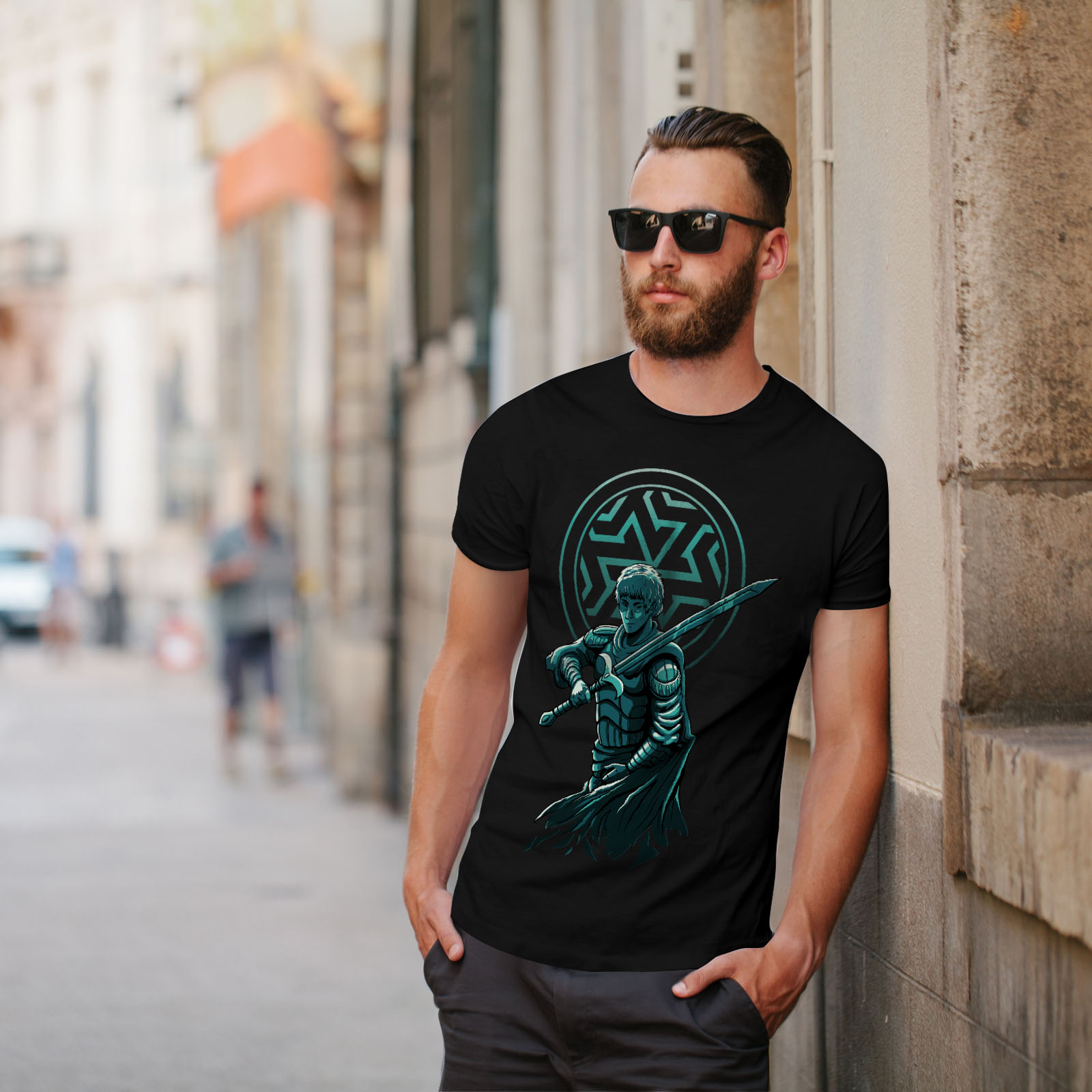 Wellcoda Confident Warrior with Sword and Armor Mens T-shirt