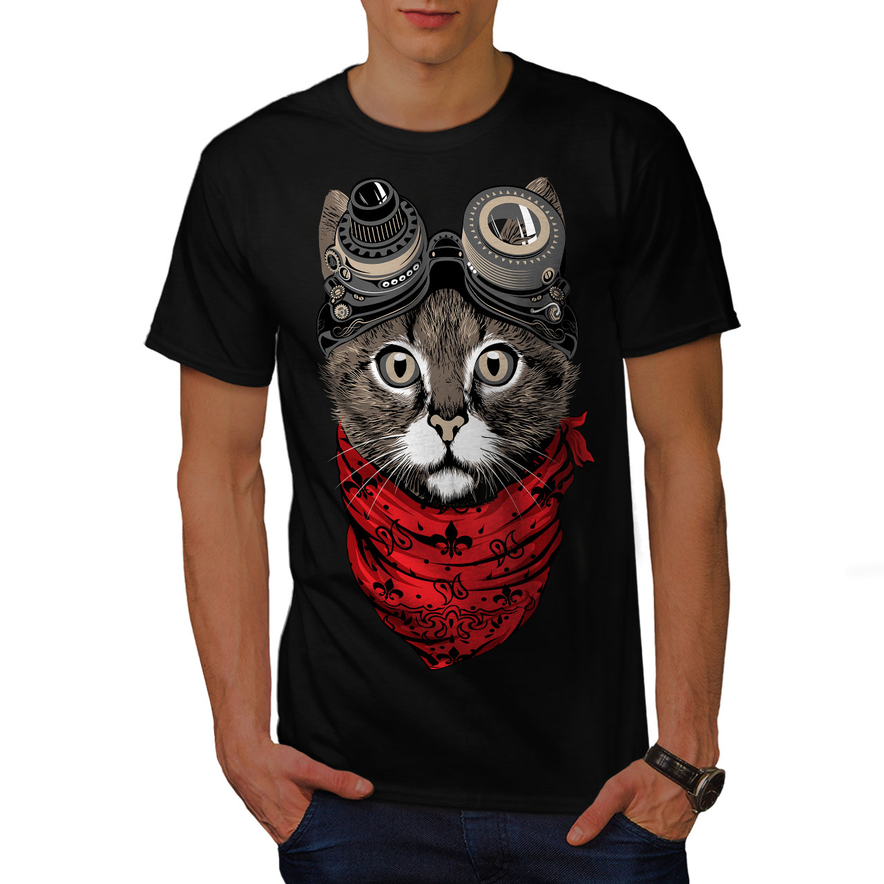 Wellcoda Aviator Fashion Cool Cat Mens T-shirt