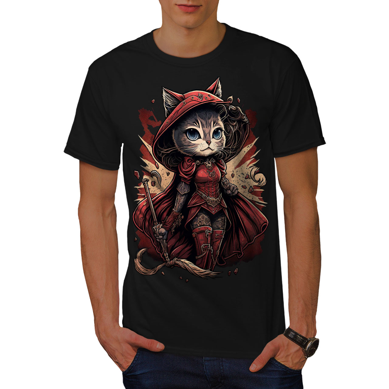 Wellcoda Warrior Cat Red Feline Mens T-shirt