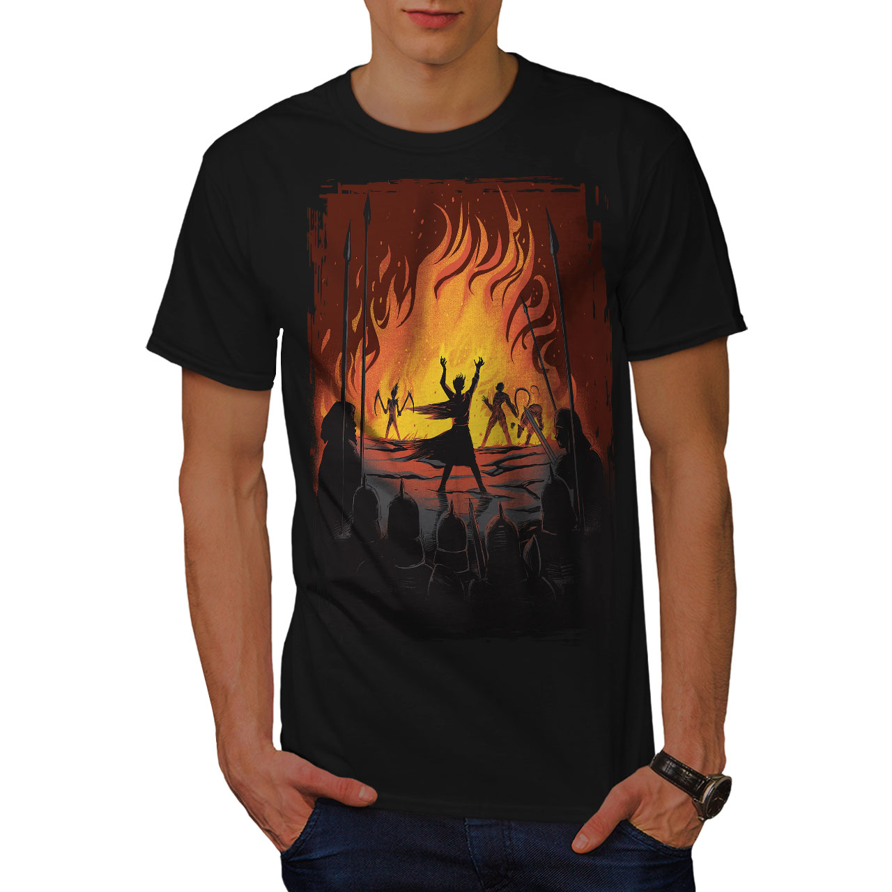 Wellcoda Fantasy Fire warrior Battle Flames Epic Mens T-shirt