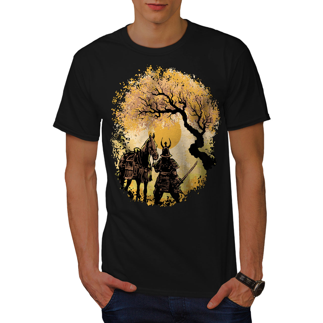 Wellcoda Serene warrior with Horse at Sunset Mens T-shirt