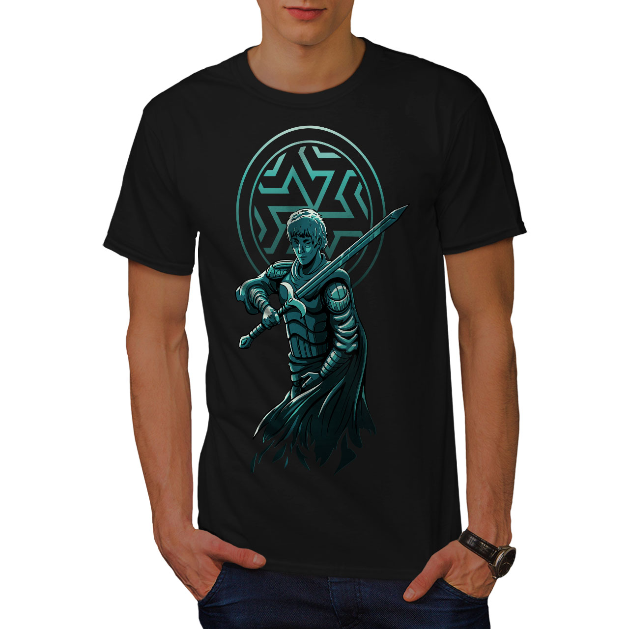 Wellcoda Confident Warrior with Sword and Armor Mens T-shirt