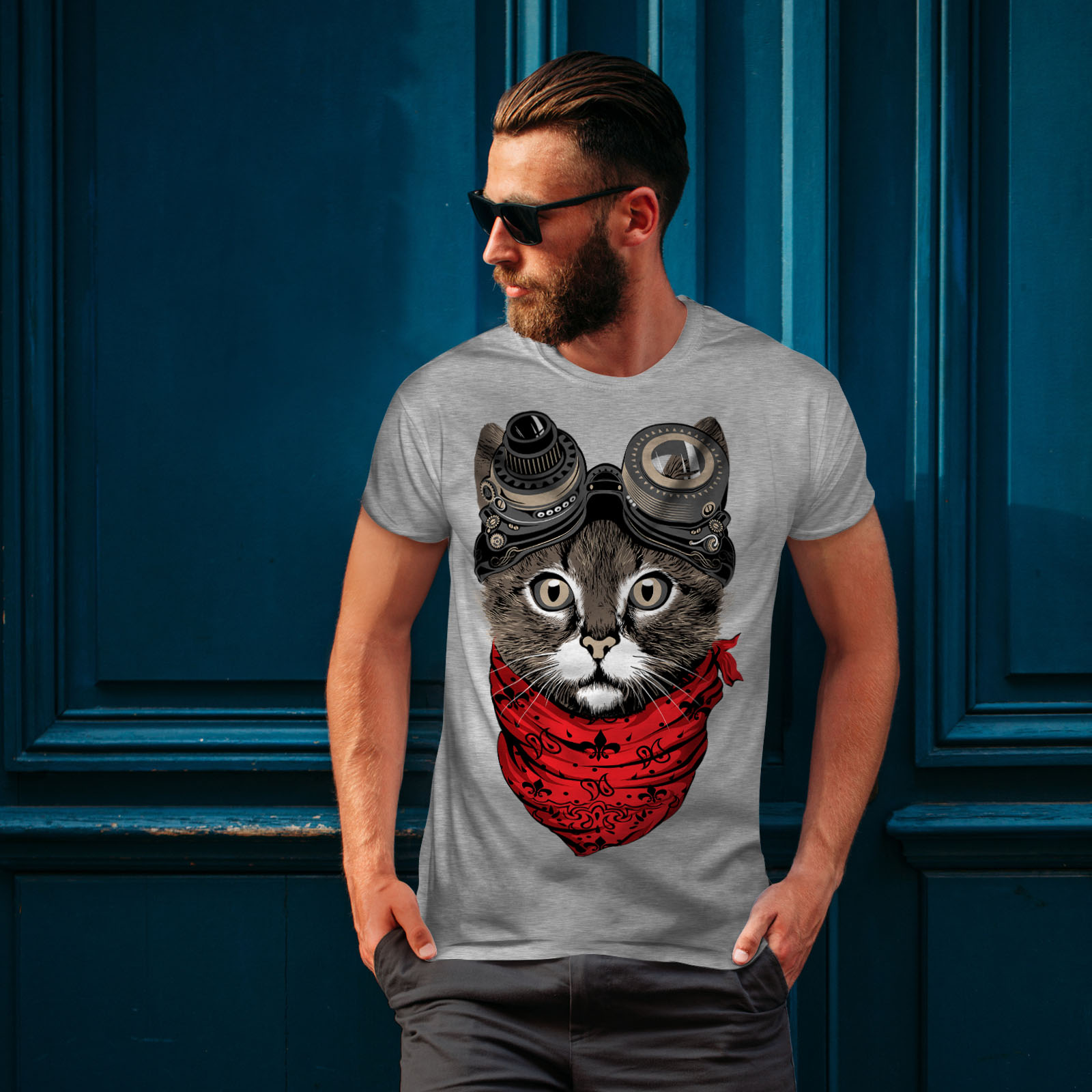 Wellcoda Aviator Fashion Cool Cat Mens T-shirt