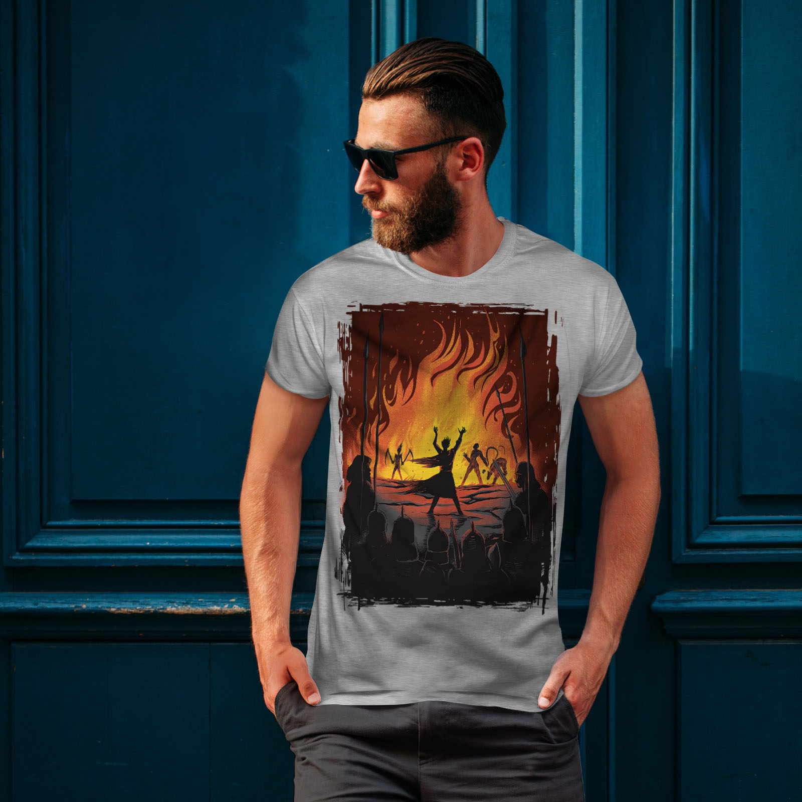 Wellcoda Fantasy Fire warrior Battle Flames Epic Mens T-shirt