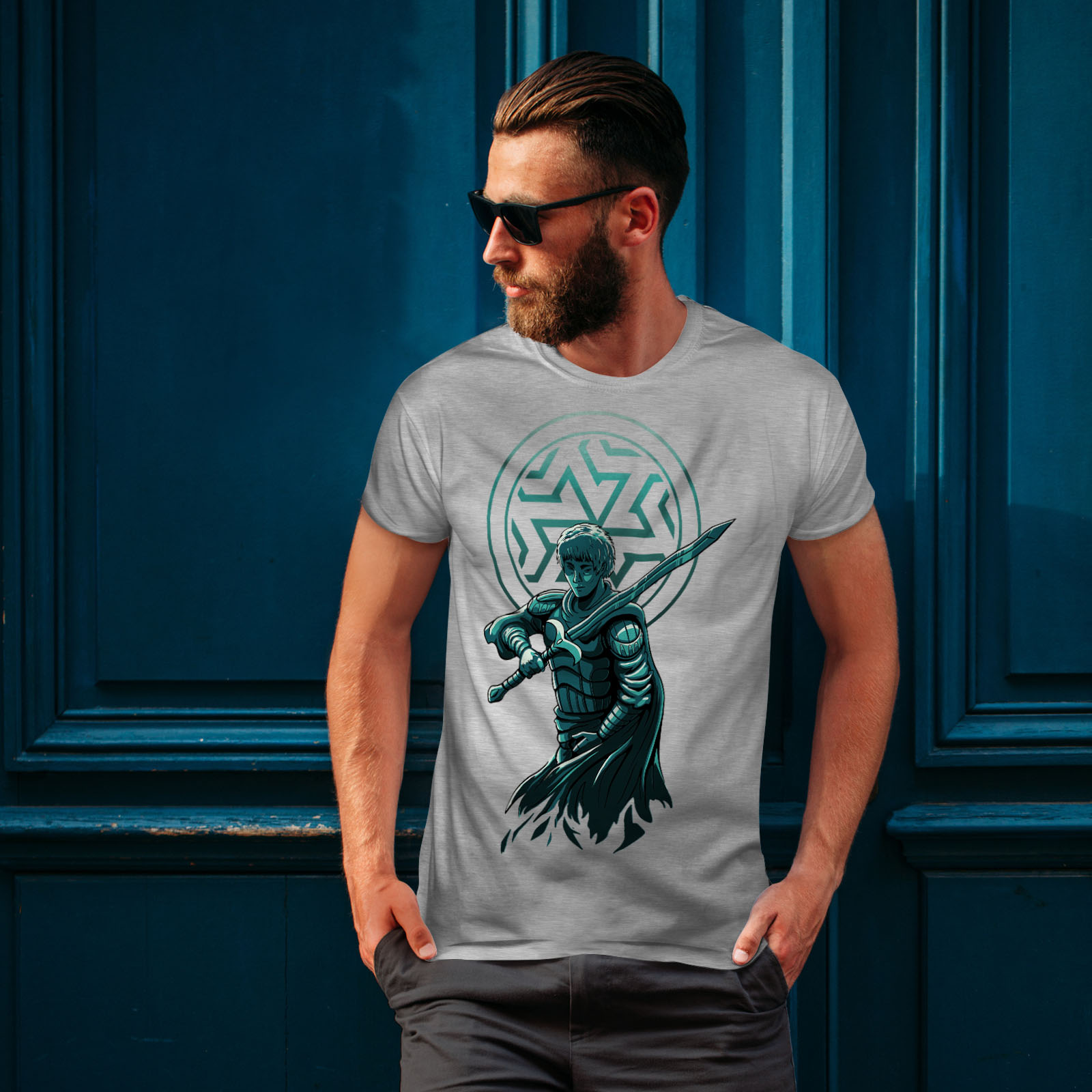 Wellcoda Confident Warrior with Sword and Armor Mens T-shirt