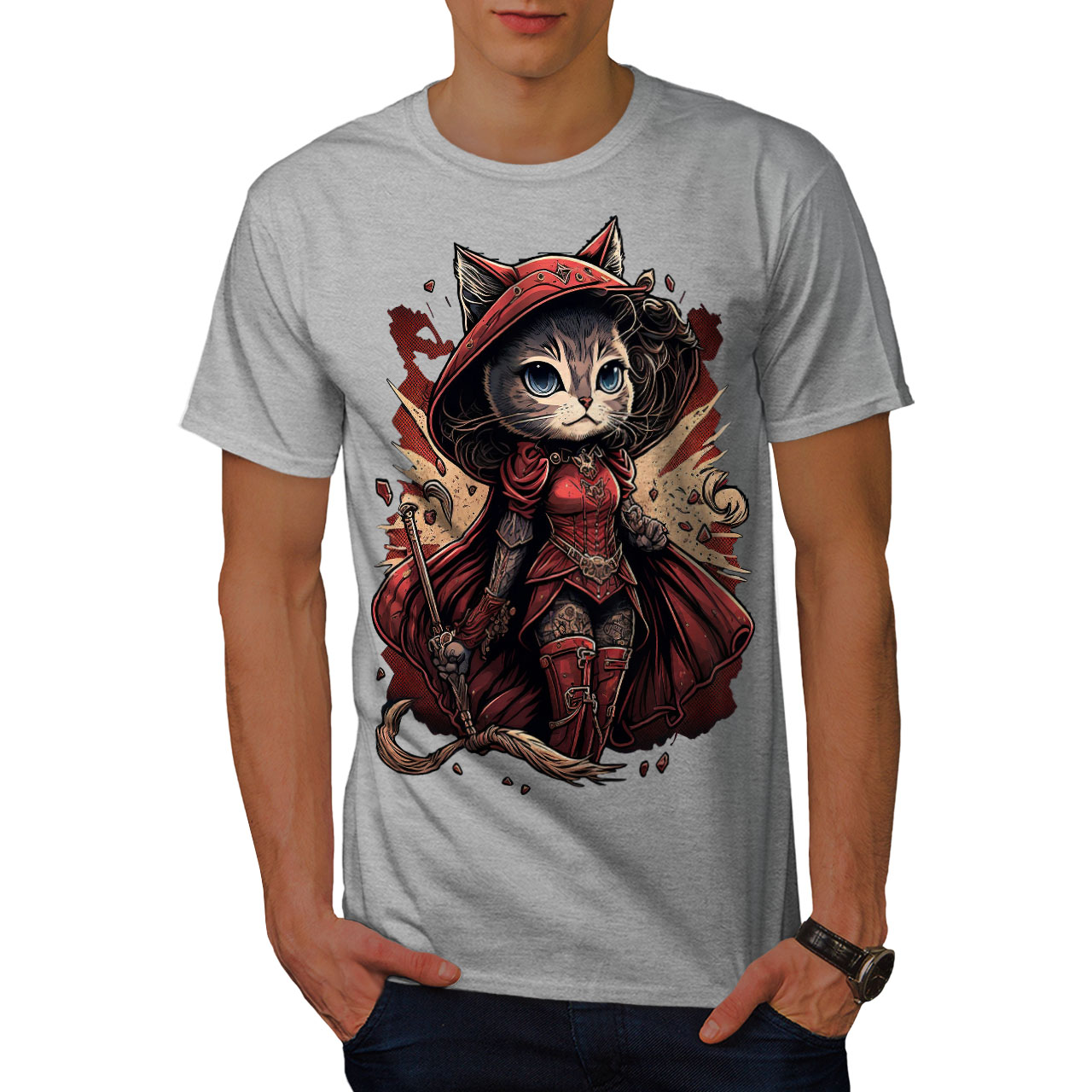 Wellcoda Warrior Cat Red Feline Mens T-shirt