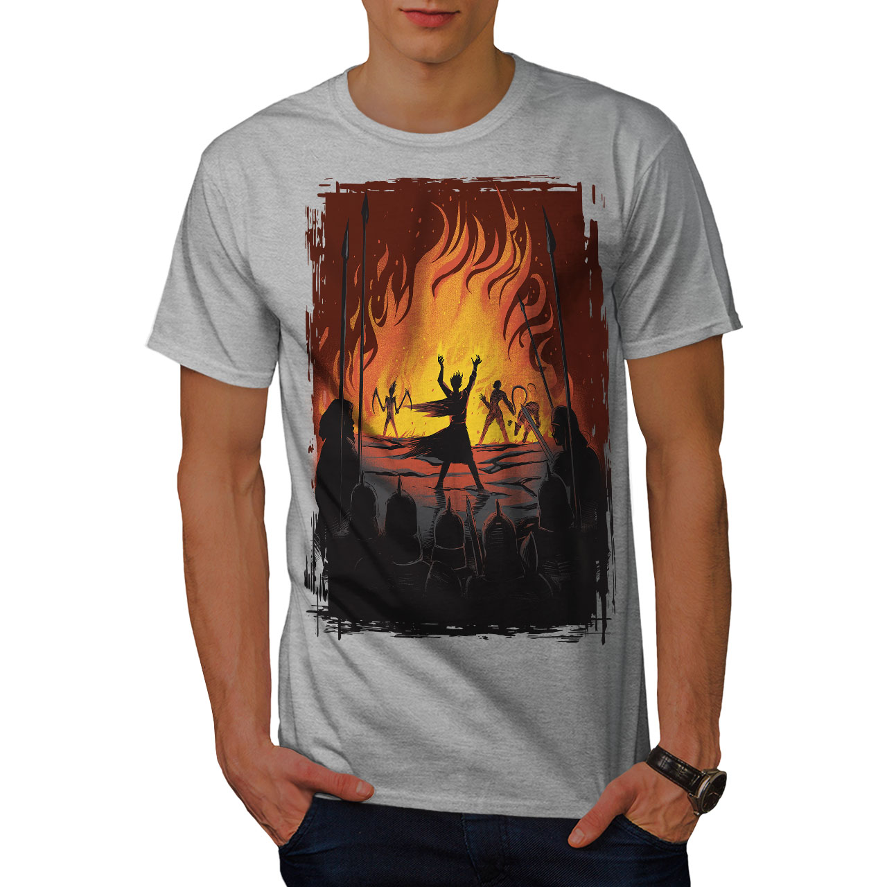 Wellcoda Fantasy Fire warrior Battle Flames Epic Mens T-shirt