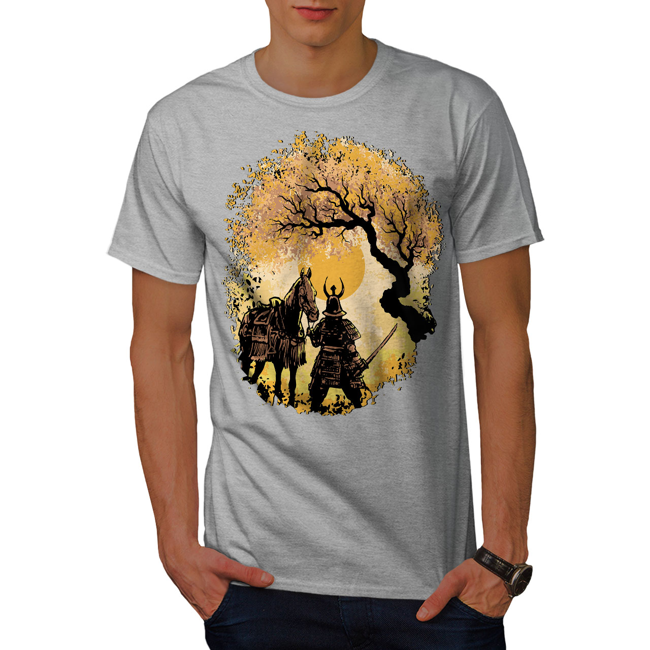 Wellcoda Serene warrior with Horse at Sunset Mens T-shirt