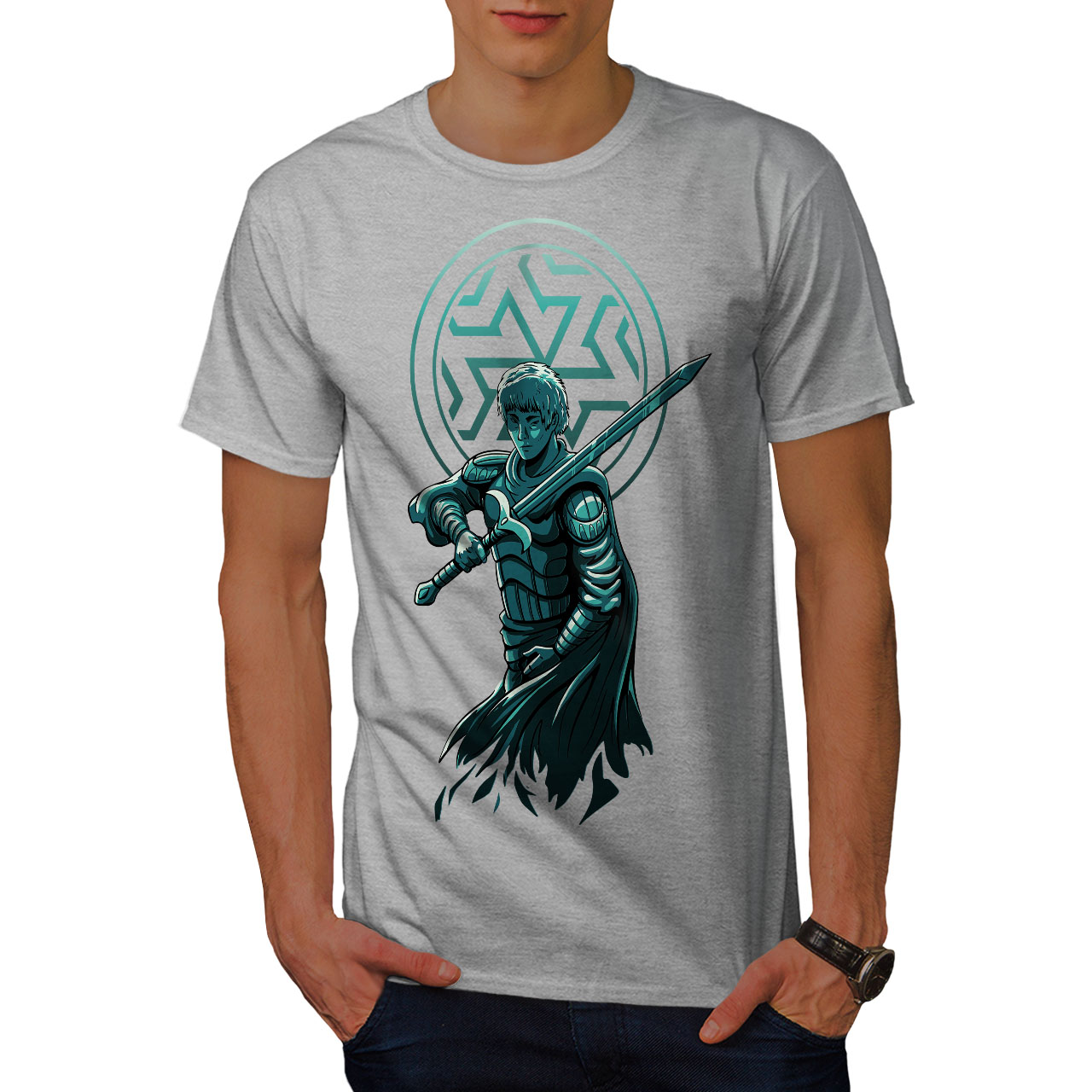 Wellcoda Confident Warrior with Sword and Armor Mens T-shirt