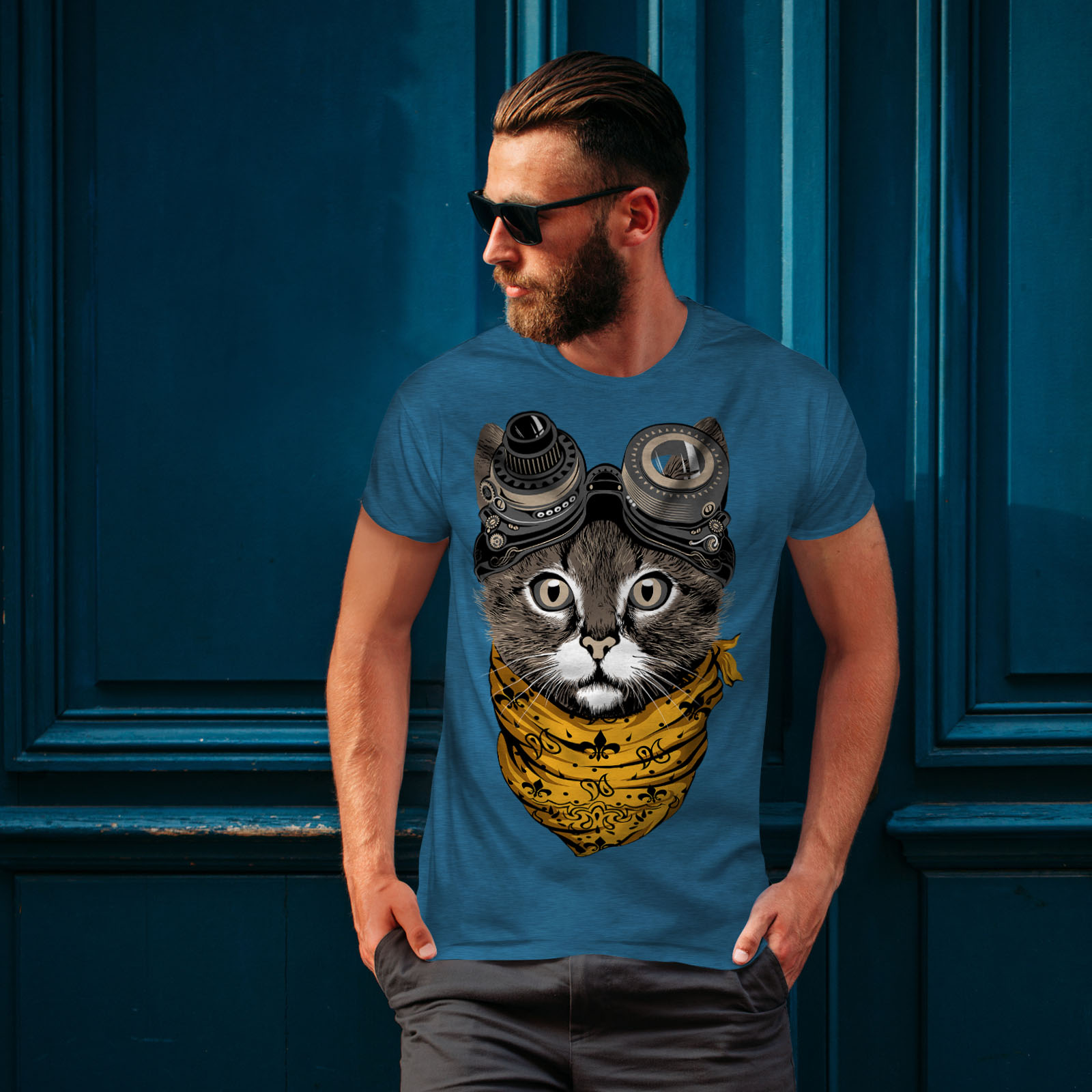 Wellcoda Aviator Fashion Cool Cat Mens T-shirt