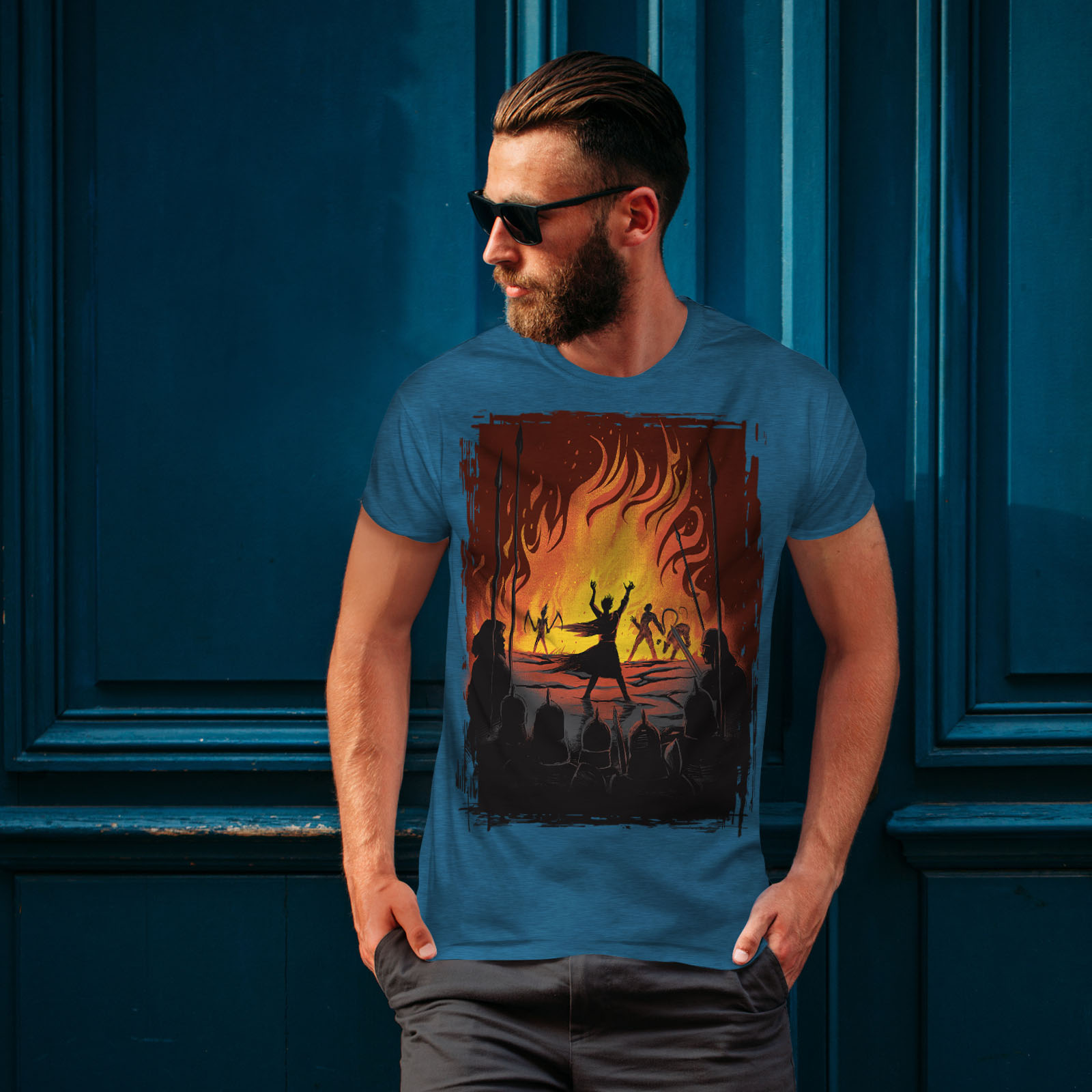 Wellcoda Fantasy Fire warrior Battle Flames Epic Mens T-shirt