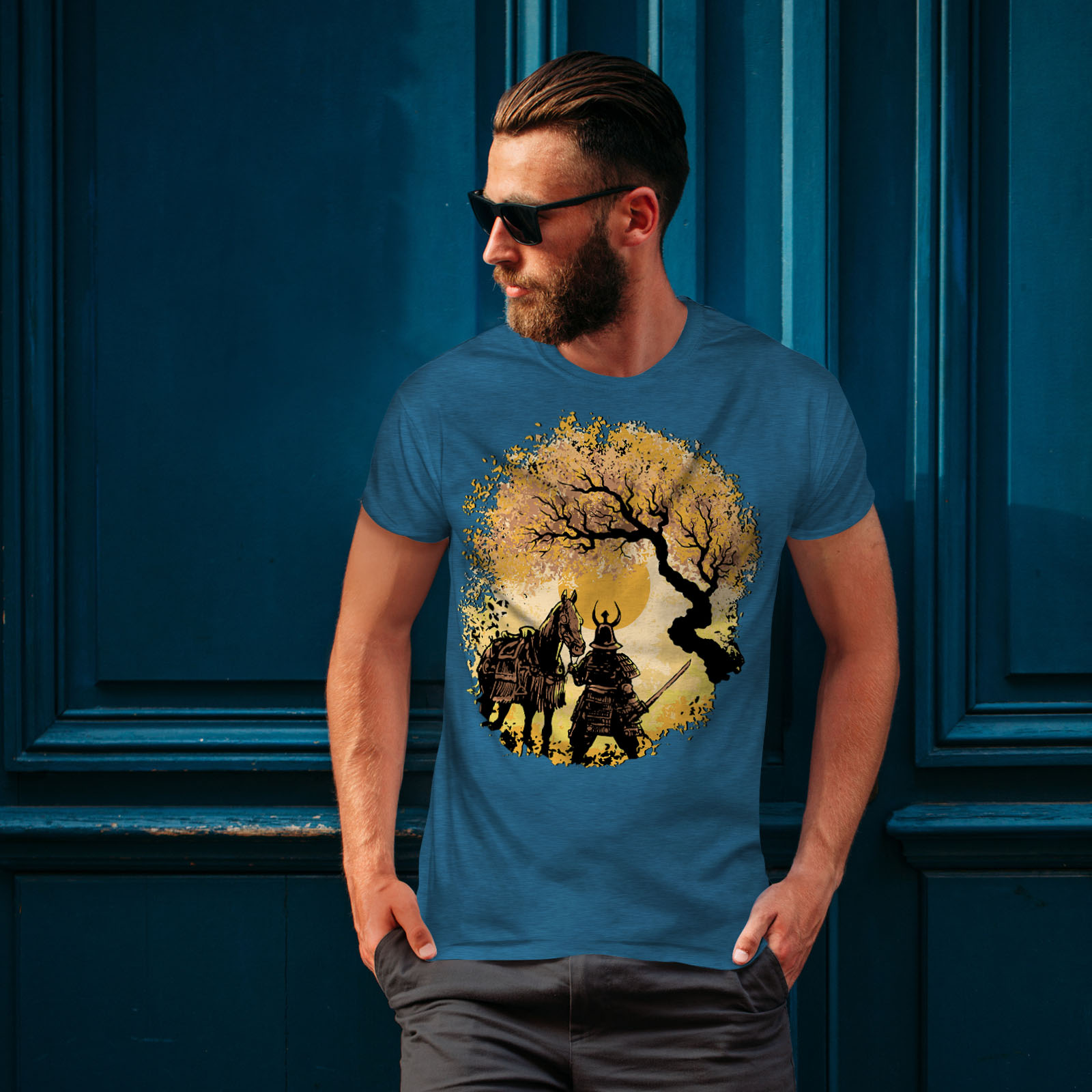 Wellcoda Serene warrior with Horse at Sunset Mens T-shirt