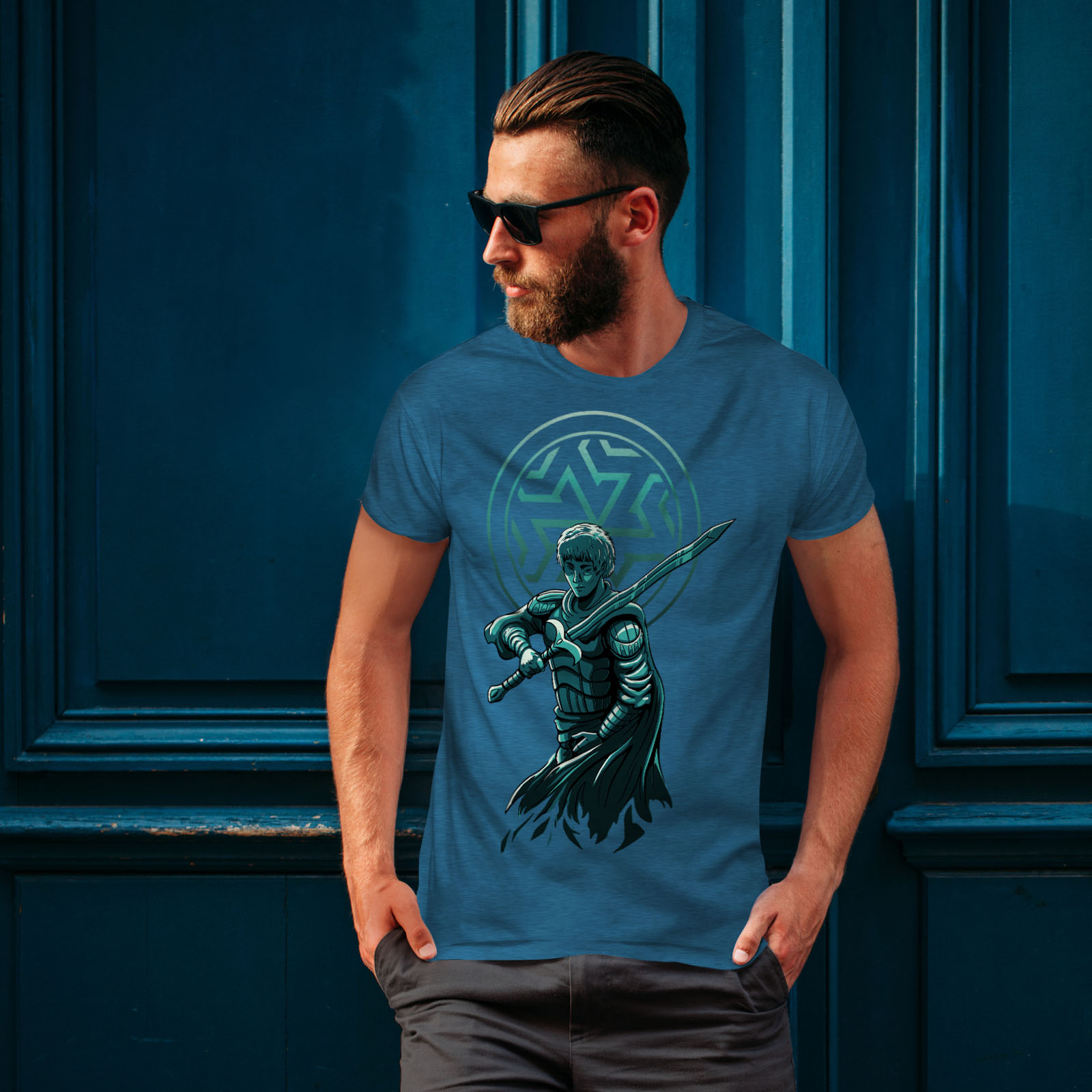 Wellcoda Confident Warrior with Sword and Armor Mens T-shirt