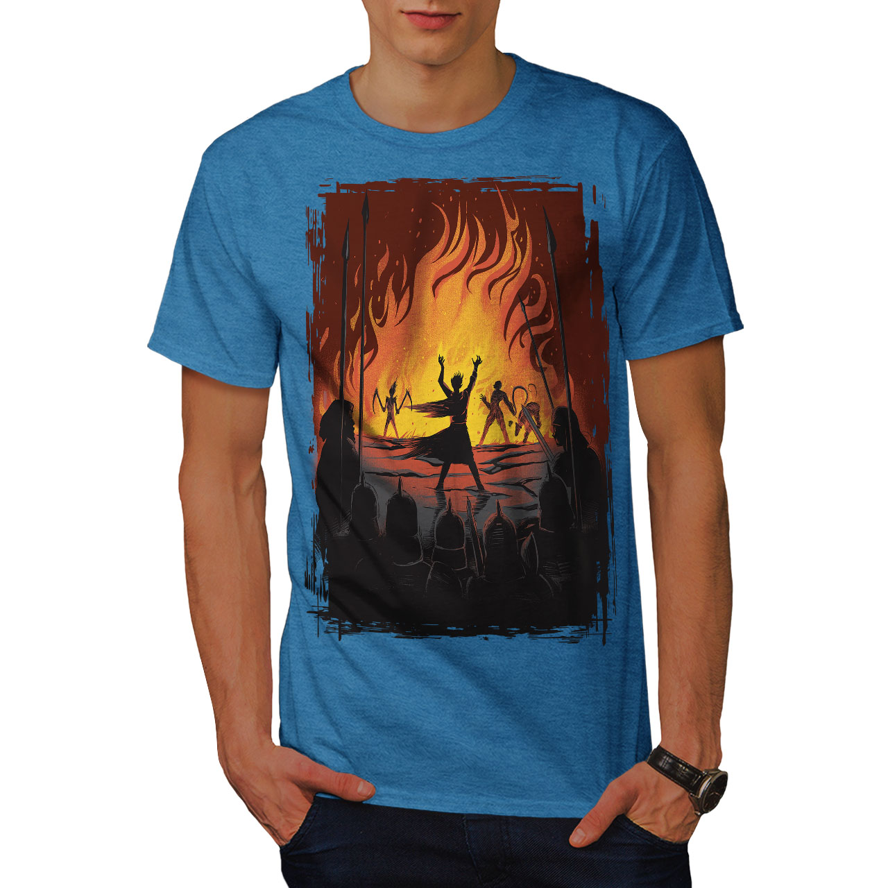 Wellcoda Fantasy Fire warrior Battle Flames Epic Mens T-shirt