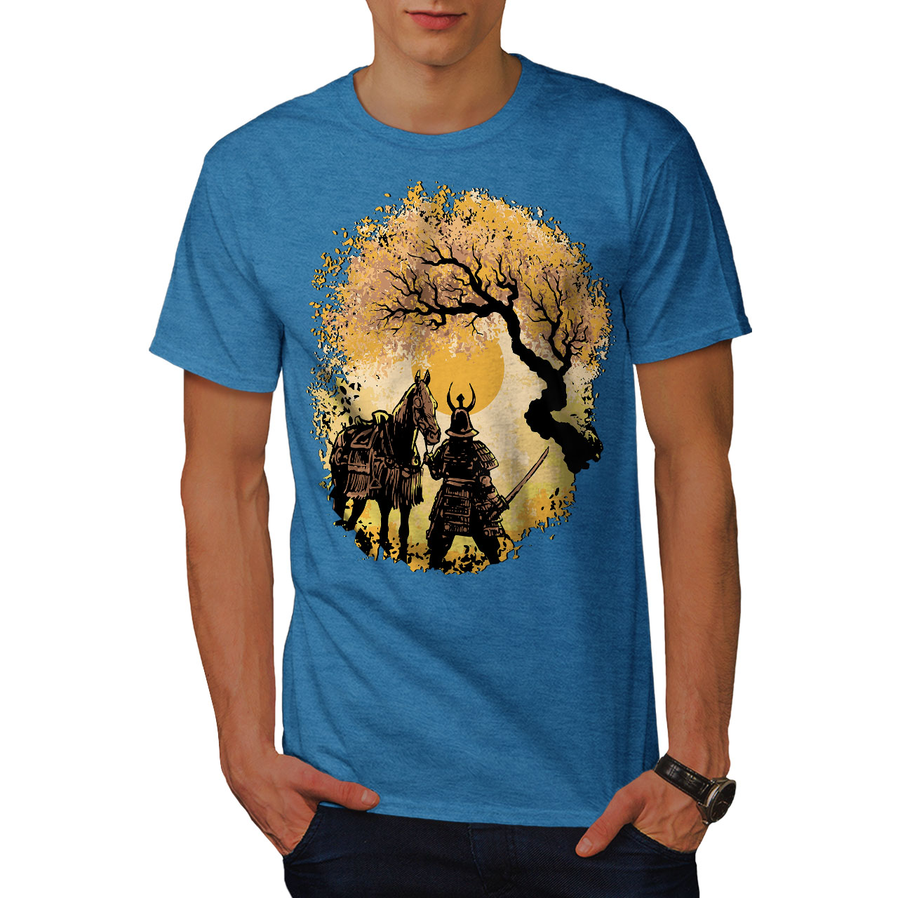 Wellcoda Serene warrior with Horse at Sunset Mens T-shirt