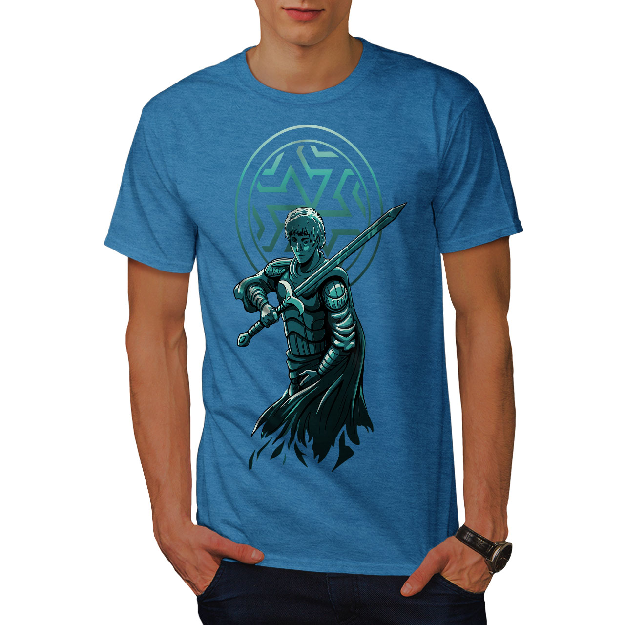 Wellcoda Confident Warrior with Sword and Armor Mens T-shirt