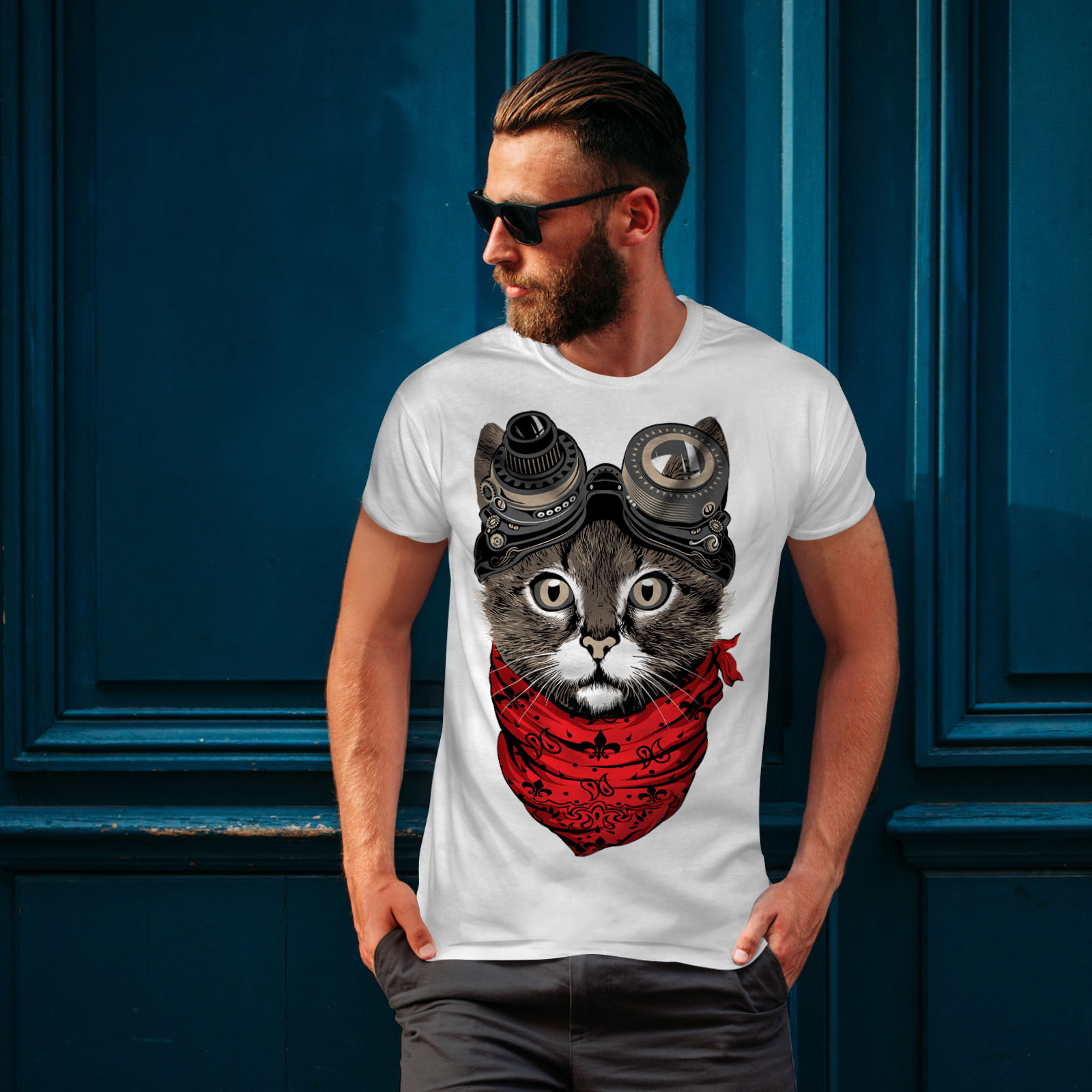 Wellcoda Aviator Fashion Cool Cat Mens T-shirt