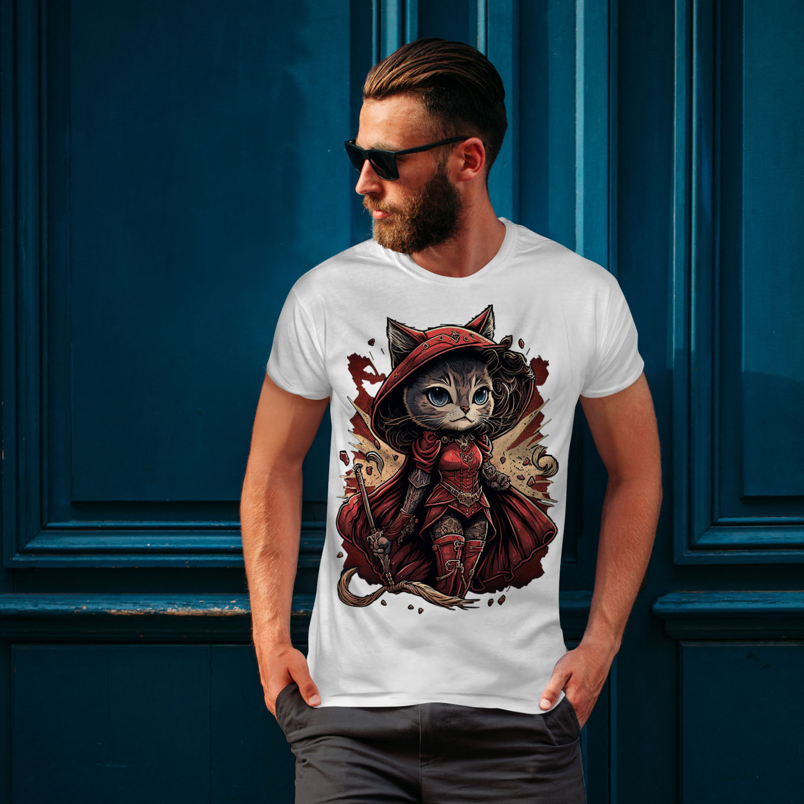 Wellcoda Warrior Cat Red Feline Mens T-shirt