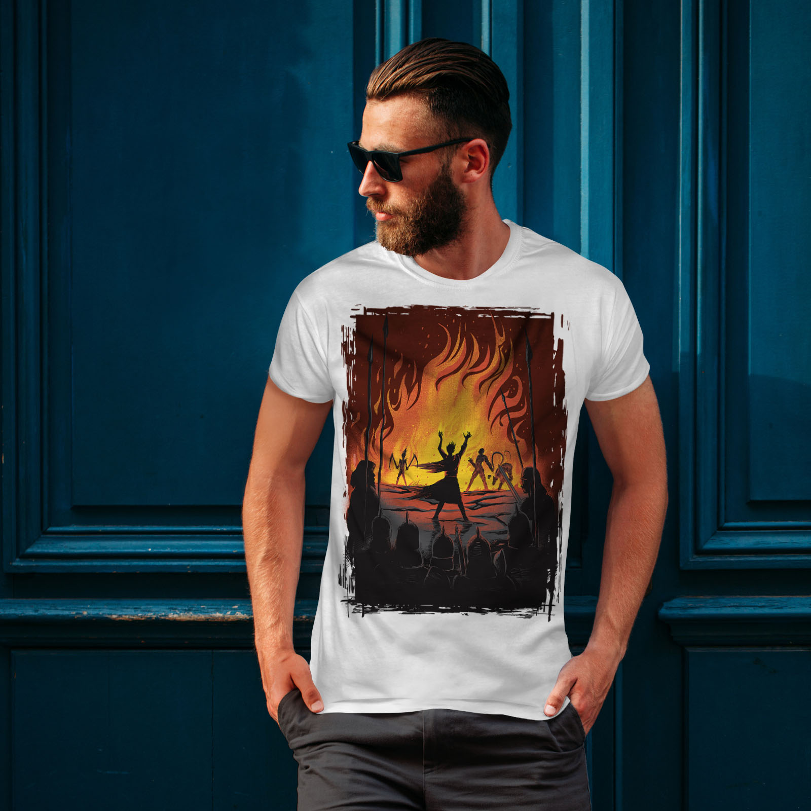 Wellcoda Fantasy Fire warrior Battle Flames Epic Mens T-shirt