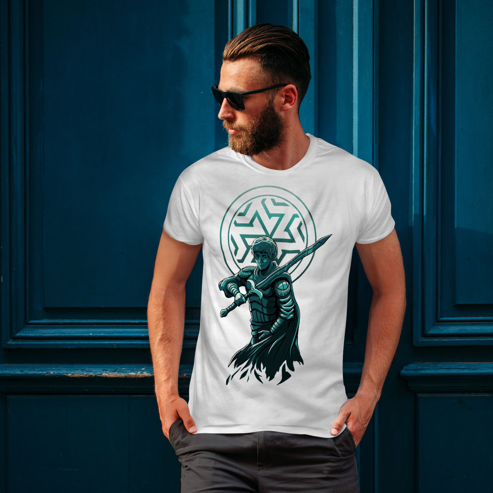 Wellcoda Confident Warrior with Sword and Armor Mens T-shirt