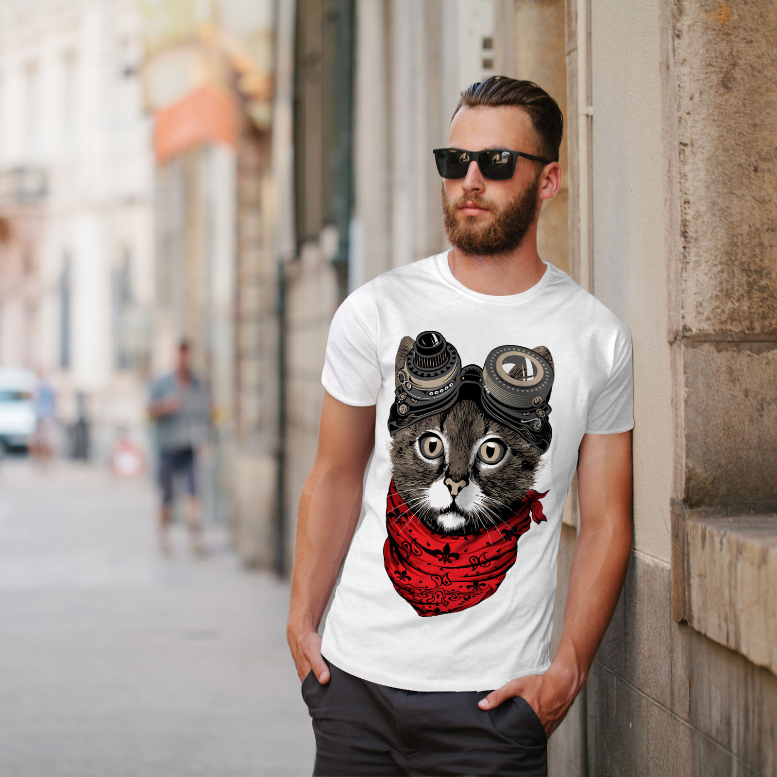 Wellcoda Aviator Fashion Cool Cat Mens T-shirt