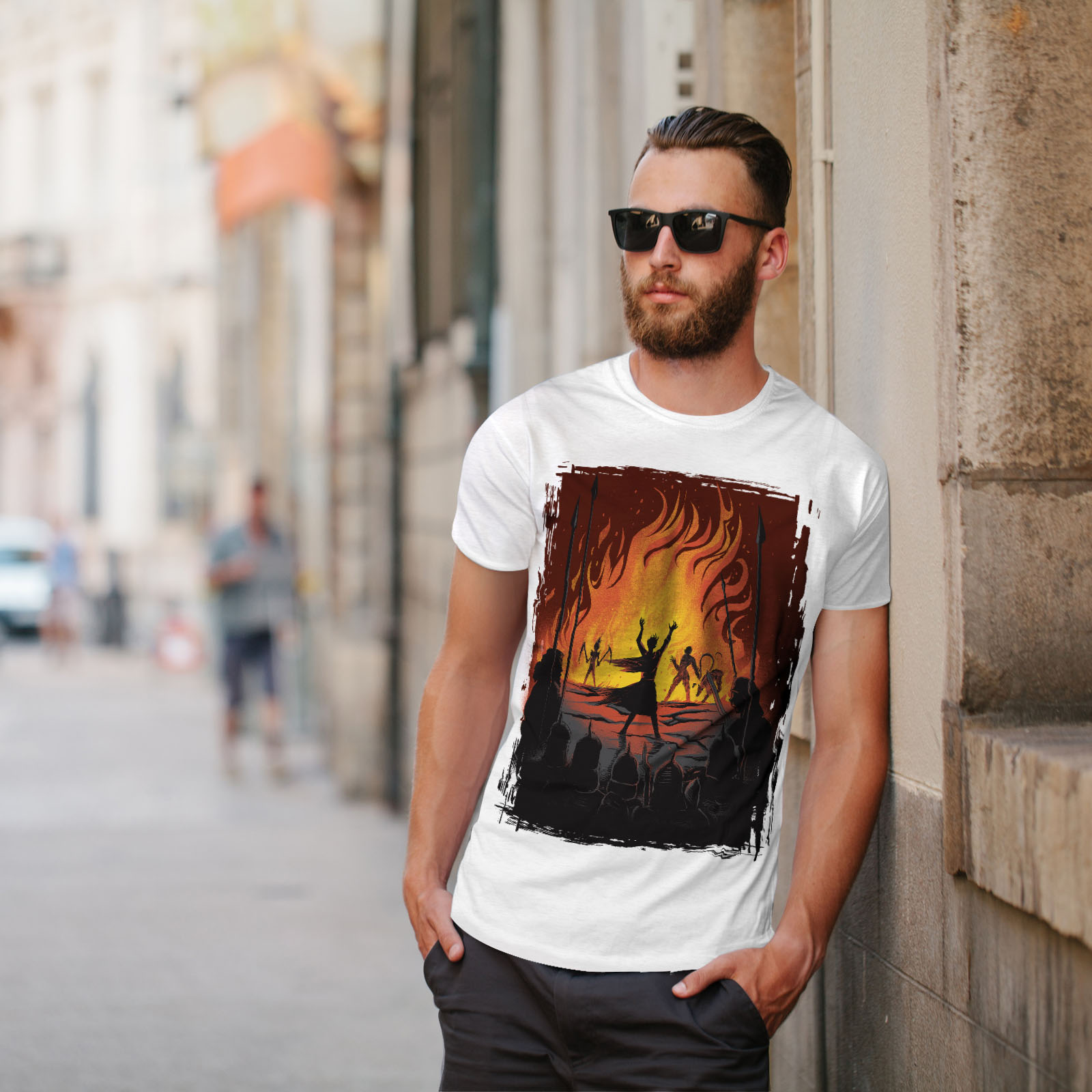 Wellcoda Fantasy Fire warrior Battle Flames Epic Mens T-shirt