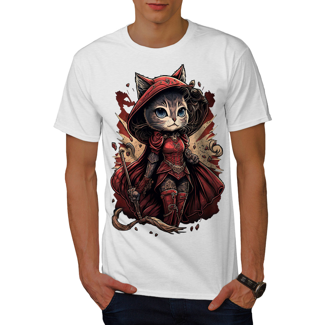 Wellcoda Warrior Cat Red Feline Mens T-shirt