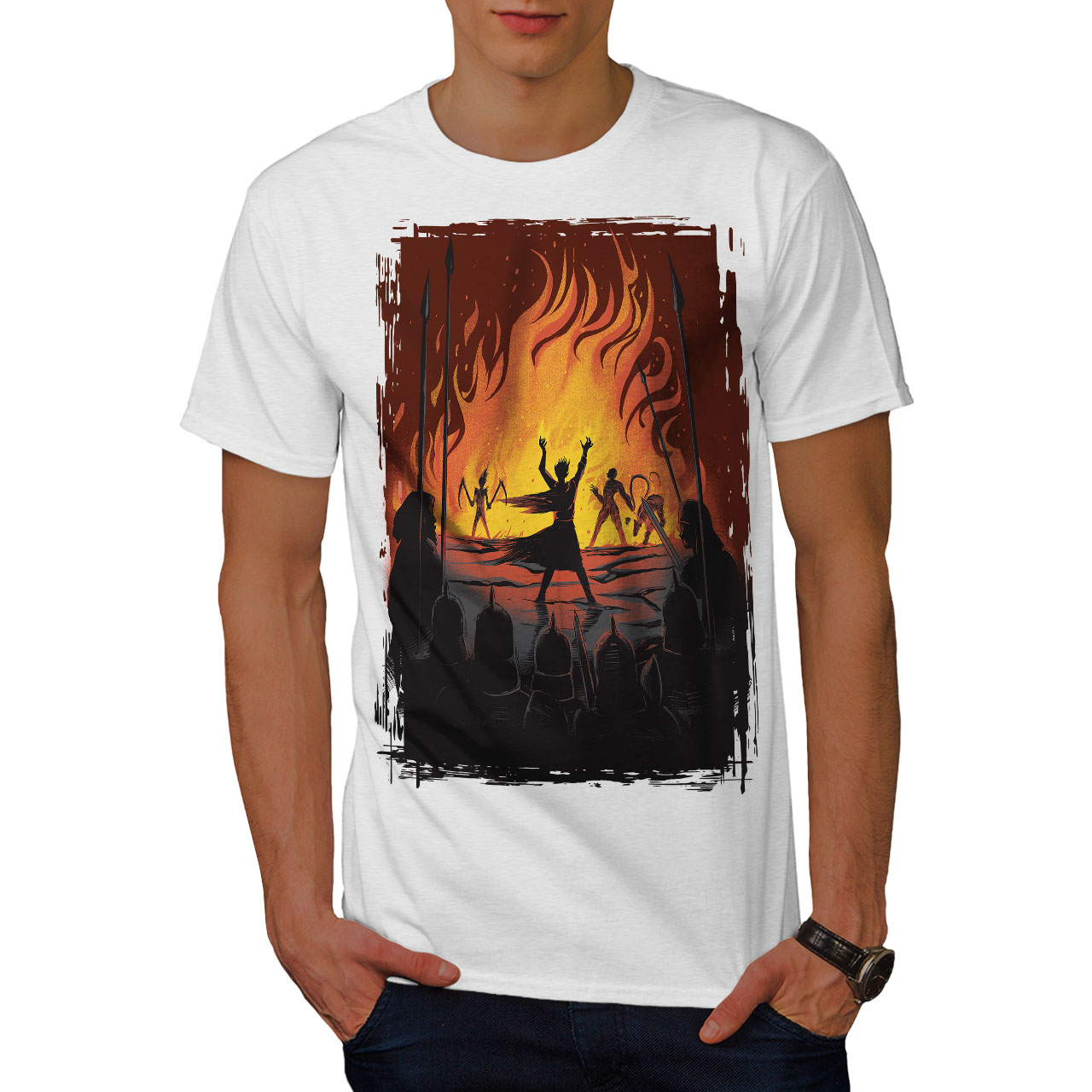 Wellcoda Fantasy Fire warrior Battle Flames Epic Mens T-shirt