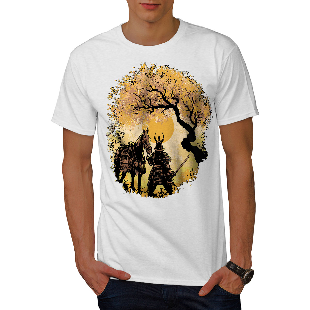 Wellcoda Serene warrior with Horse at Sunset Mens T-shirt