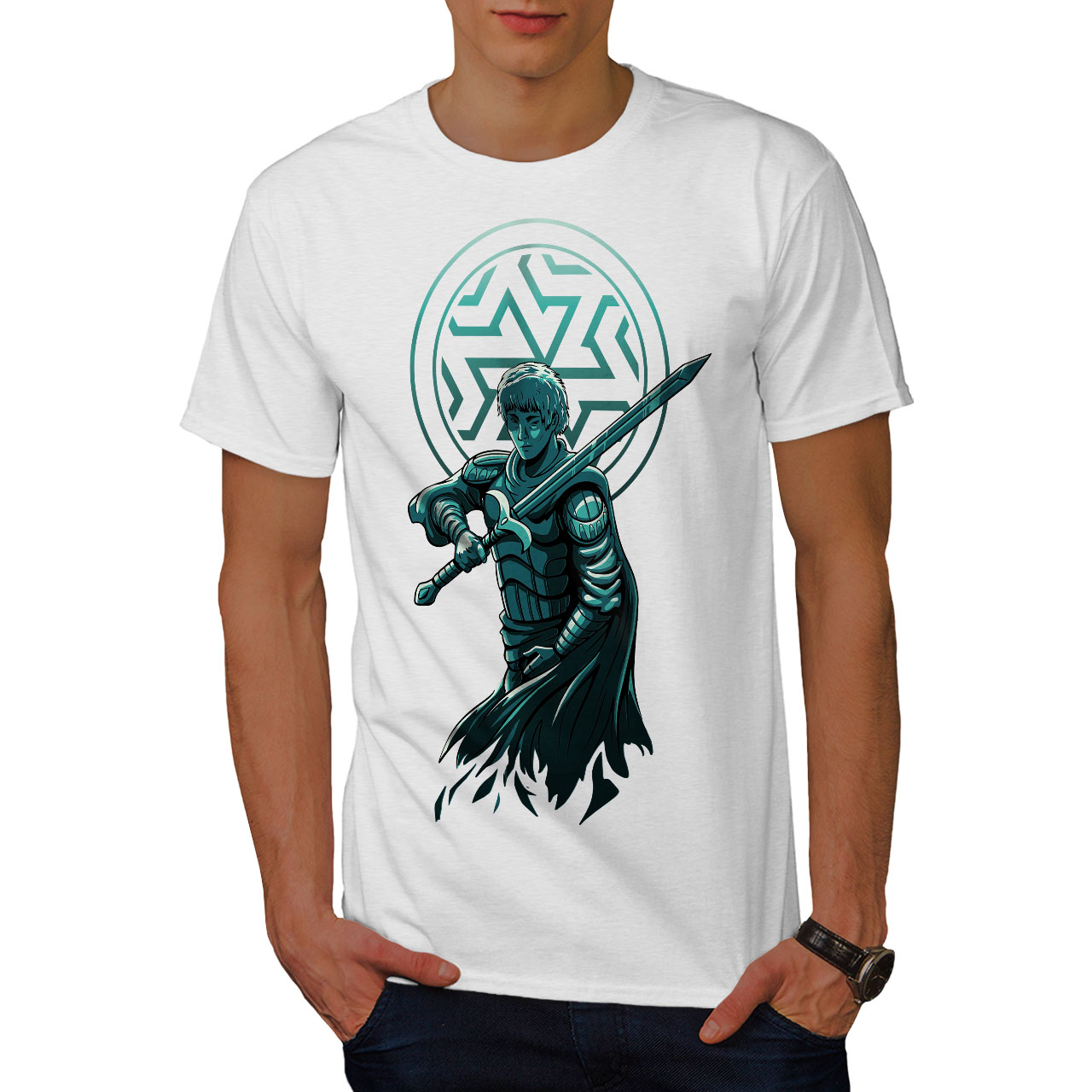 Wellcoda Confident Warrior with Sword and Armor Mens T-shirt