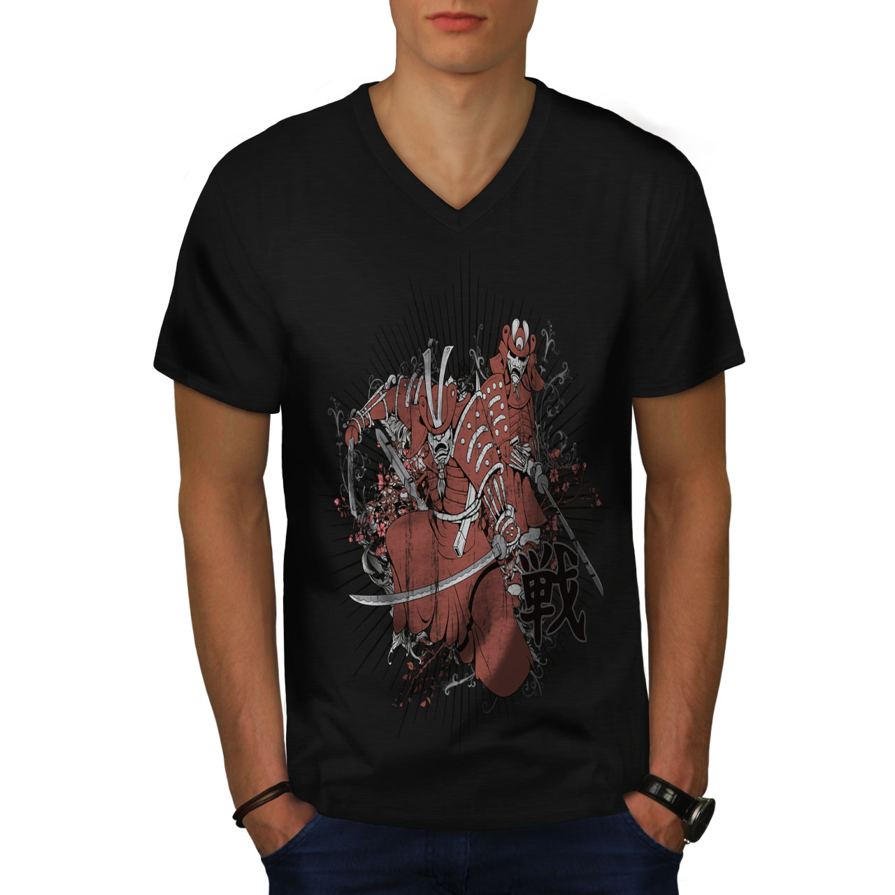 Wellcoda Warrior Fantasy Katana Crazy Mens V-Neck T-shirt