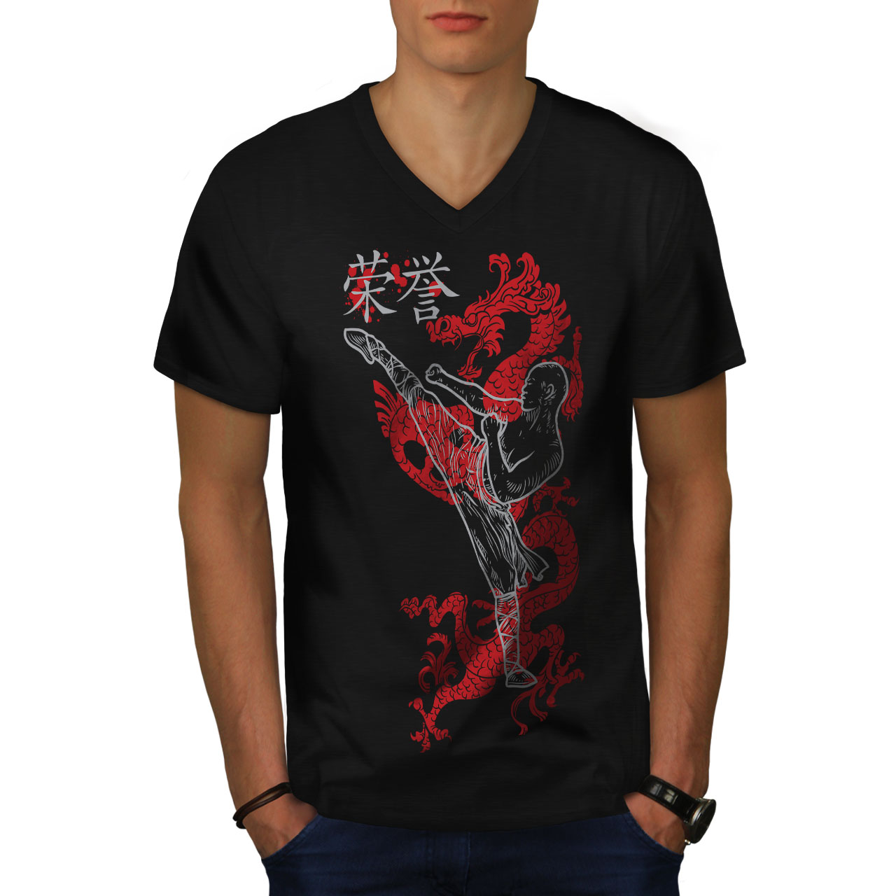 Wellcoda Ninja Dragon Warrior Kung Fu Mens V-Neck T-shirt