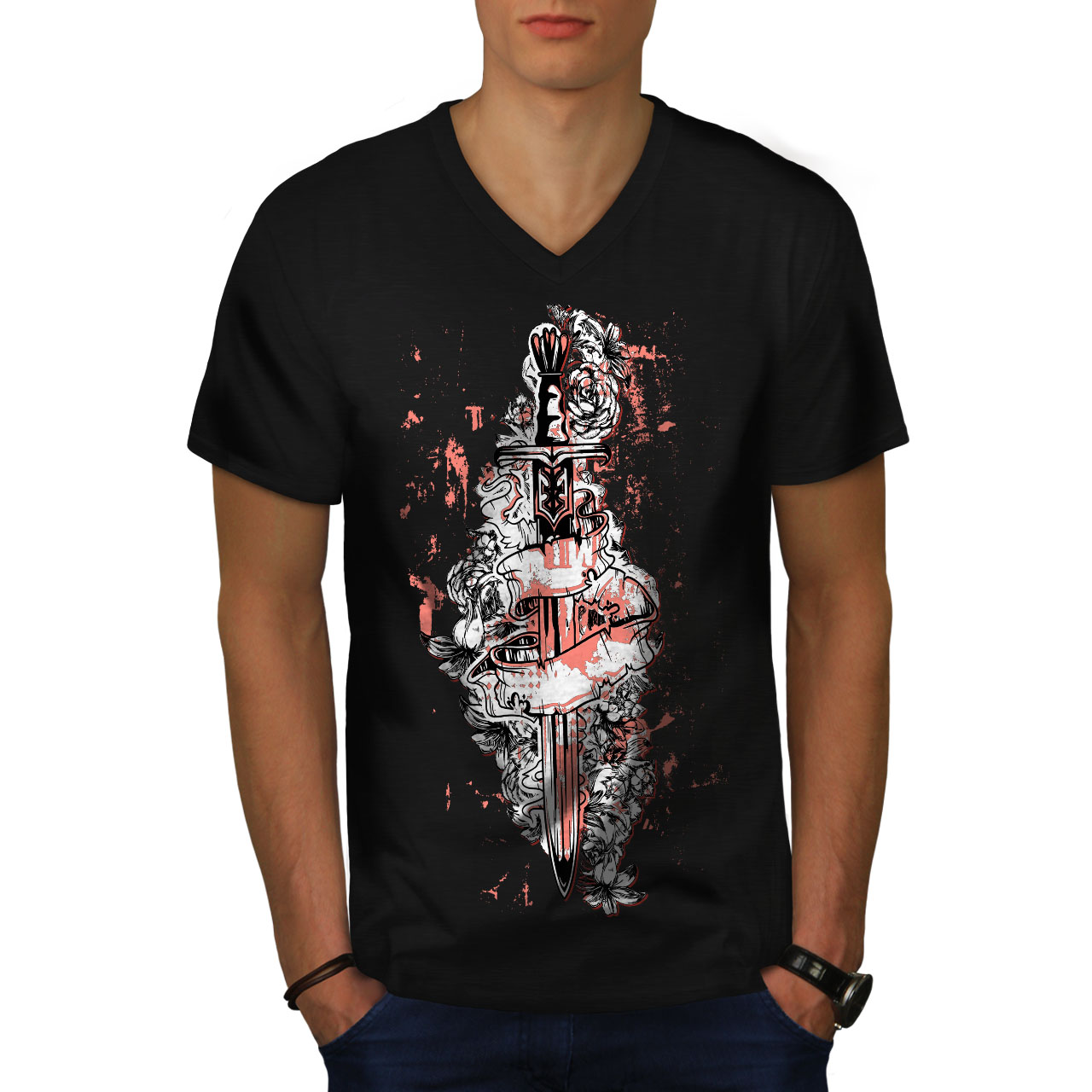 Wellcoda Sword Art Rose Warrior Mens V-Neck T-shirt