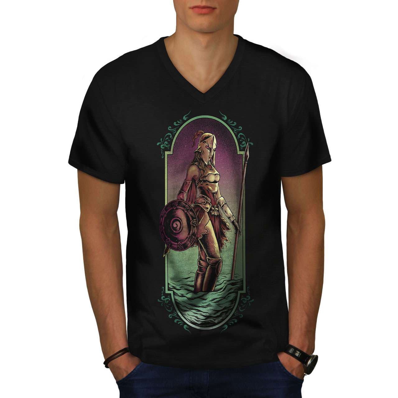 Wellcoda Warrior Woman Art Fashion Mens V-Neck T-shirt