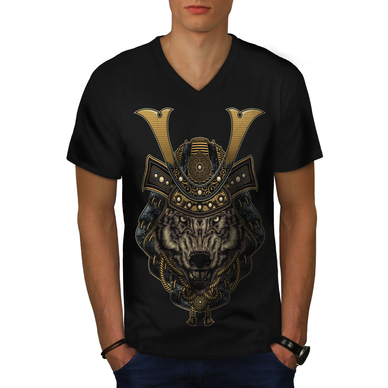 Wellcoda Wolf Warrior Animal Mens V-Neck T-shirt