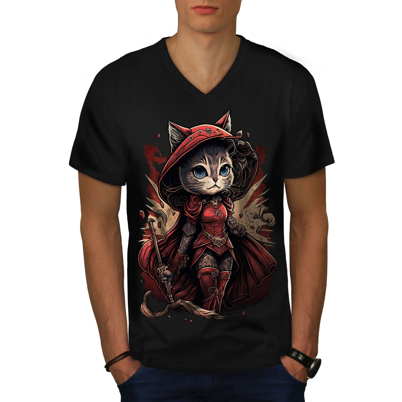 Wellcoda Warrior Cat Red Feline Mens V-Neck T-shirt