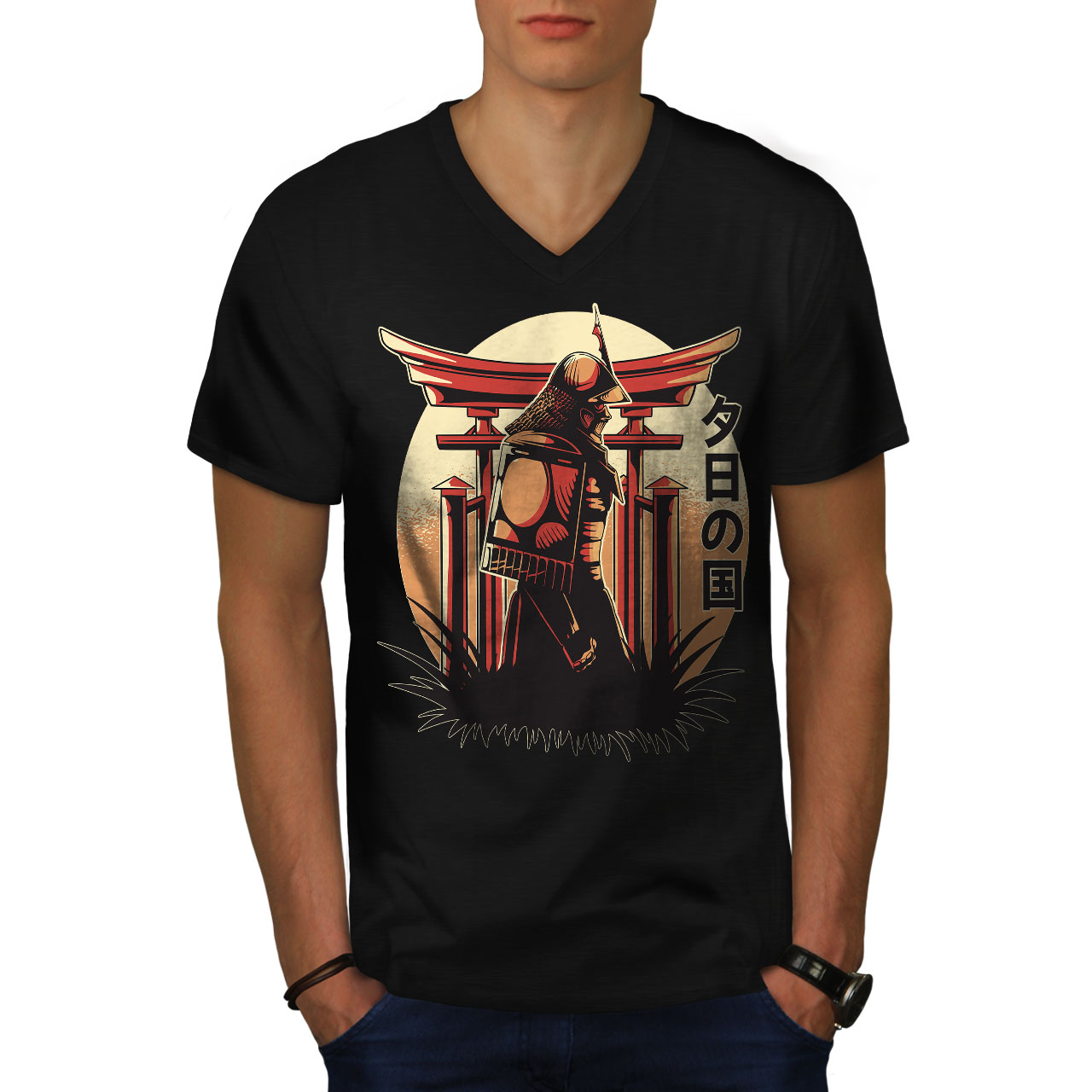 Wellcoda warrior Warrior with Sunset Background Mens V-Neck T-shirt