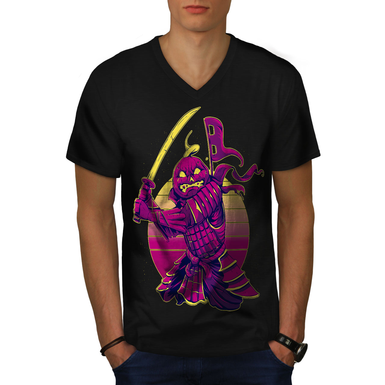 Wellcoda warrior Warrior with Pumpkin Head Mens V-Neck T-shirt