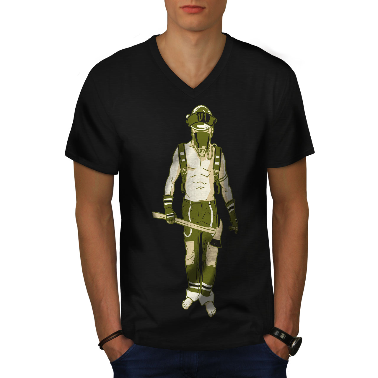 Wellcoda Warrior with Axe Gas Mask Soldier Mens V-Neck T-shirt