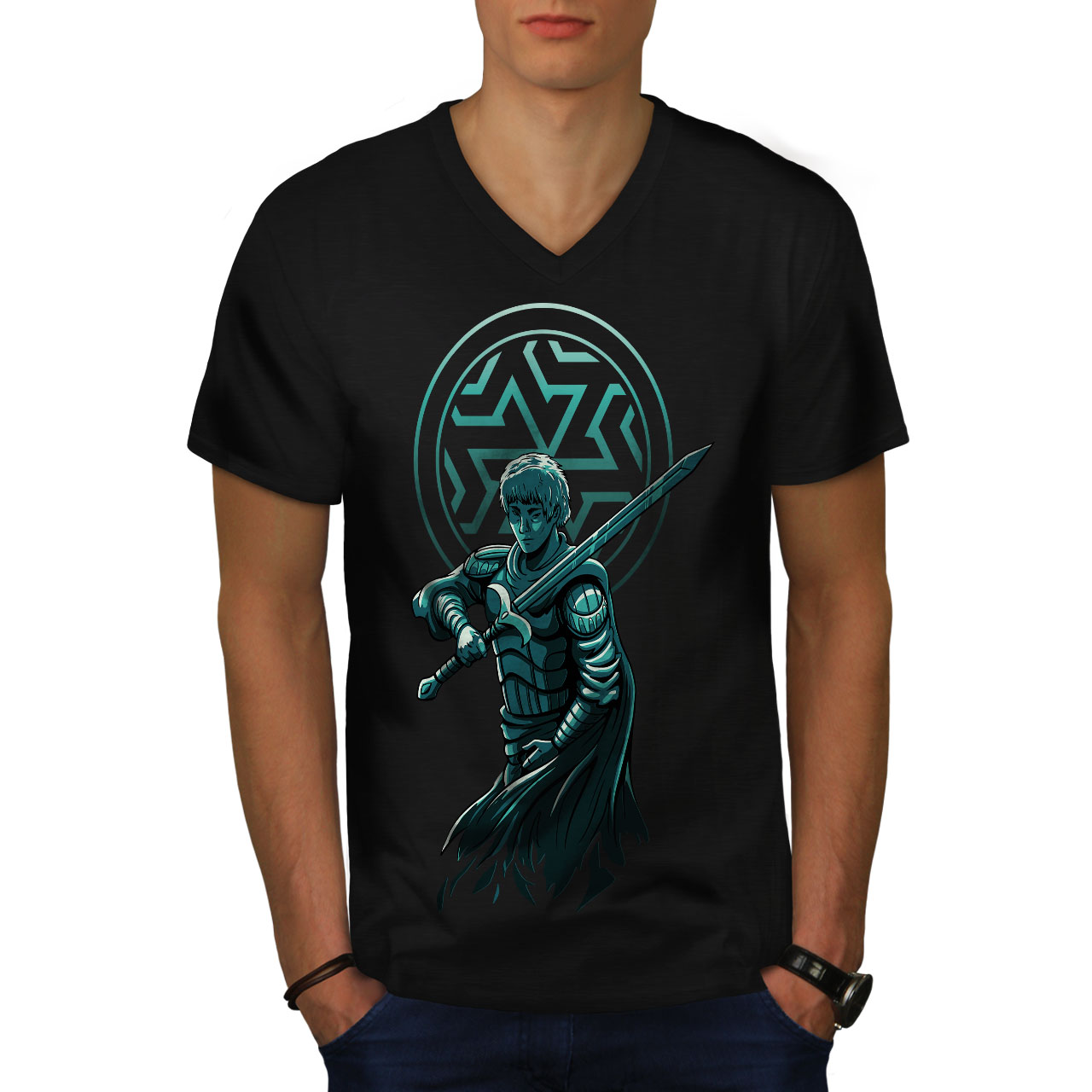 Wellcoda Confident Warrior with Sword and Armor Mens V-Neck T-shirt