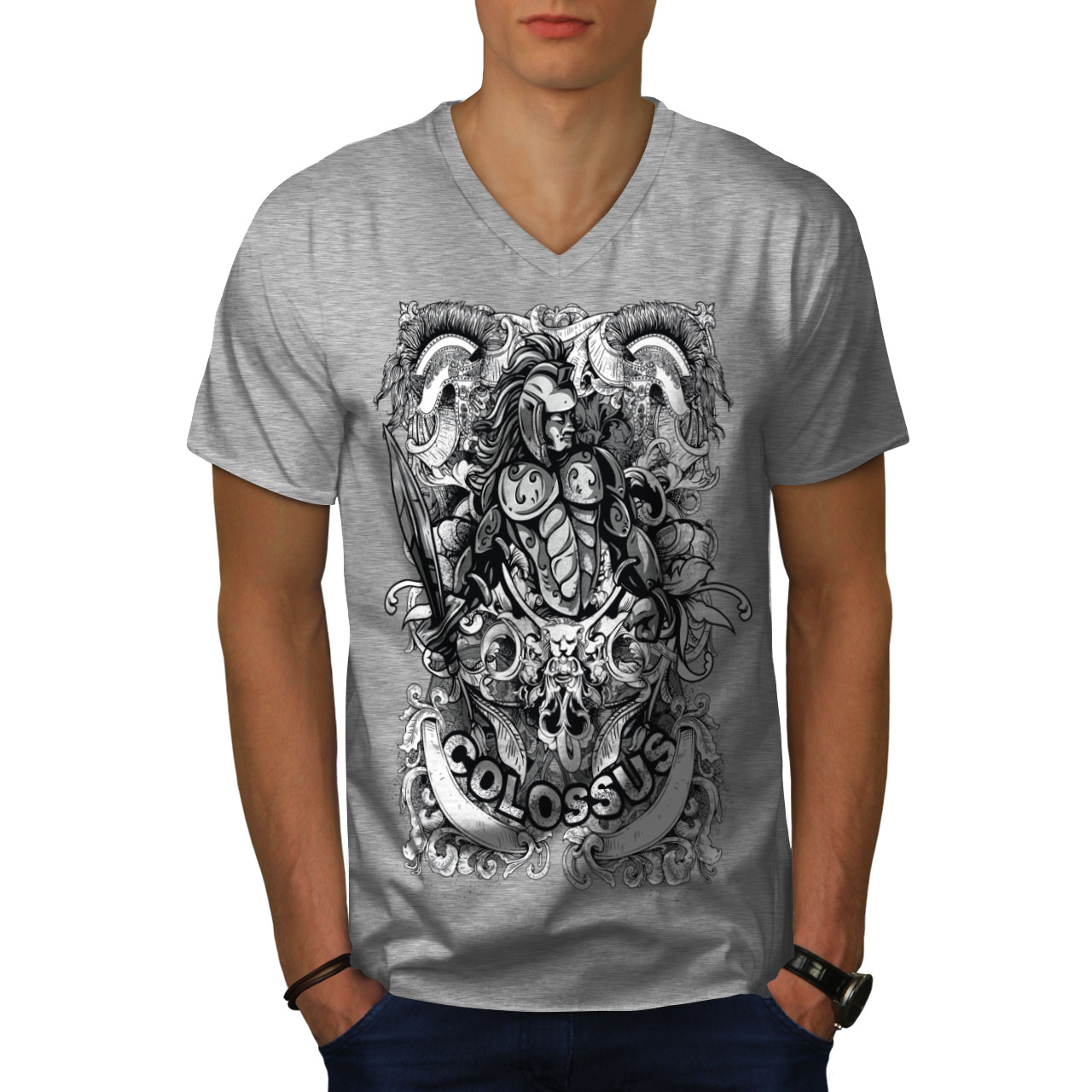 Wellcoda Colossus Warrior Warrior Mens V-Neck T-shirt