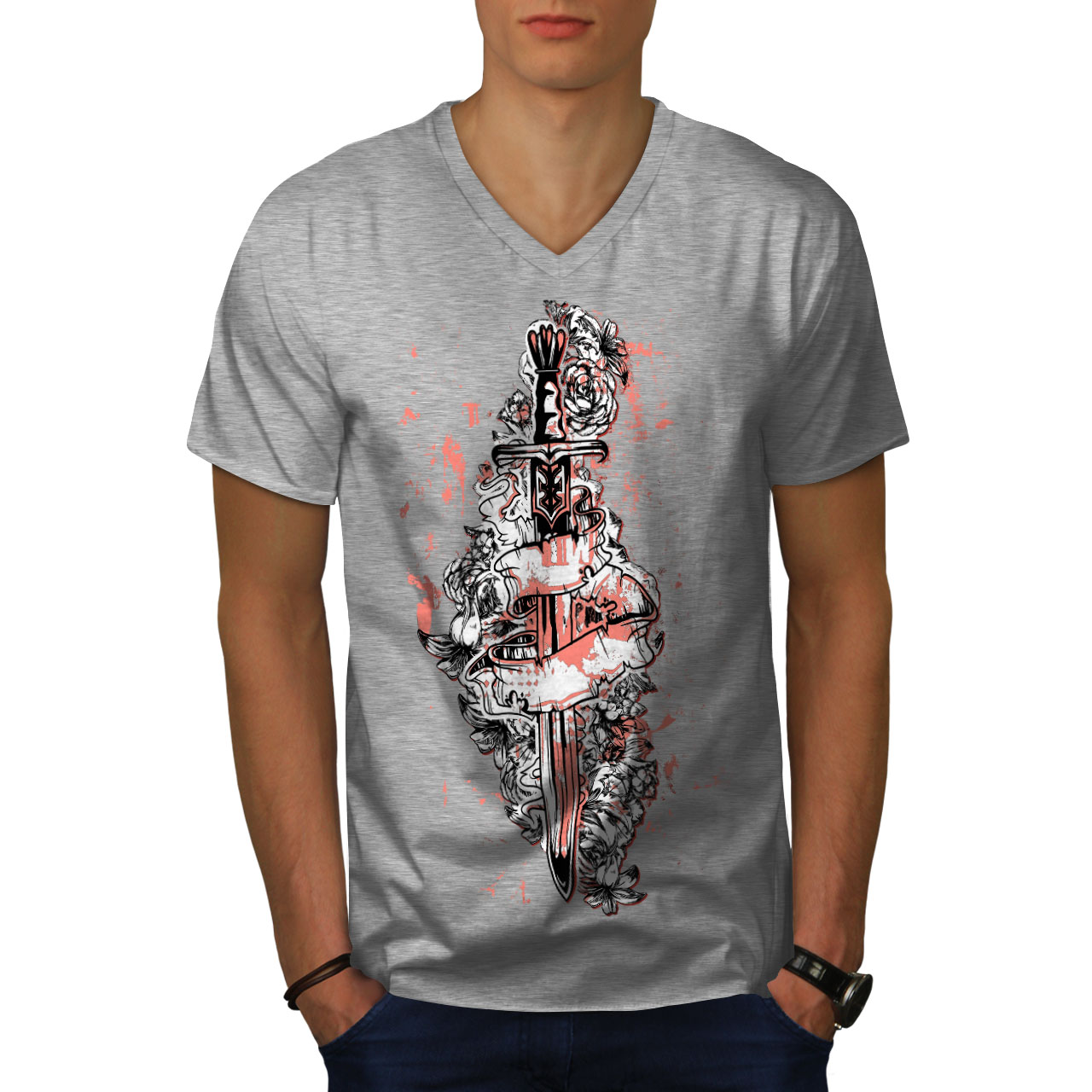 Wellcoda Sword Art Rose Warrior Mens V-Neck T-shirt