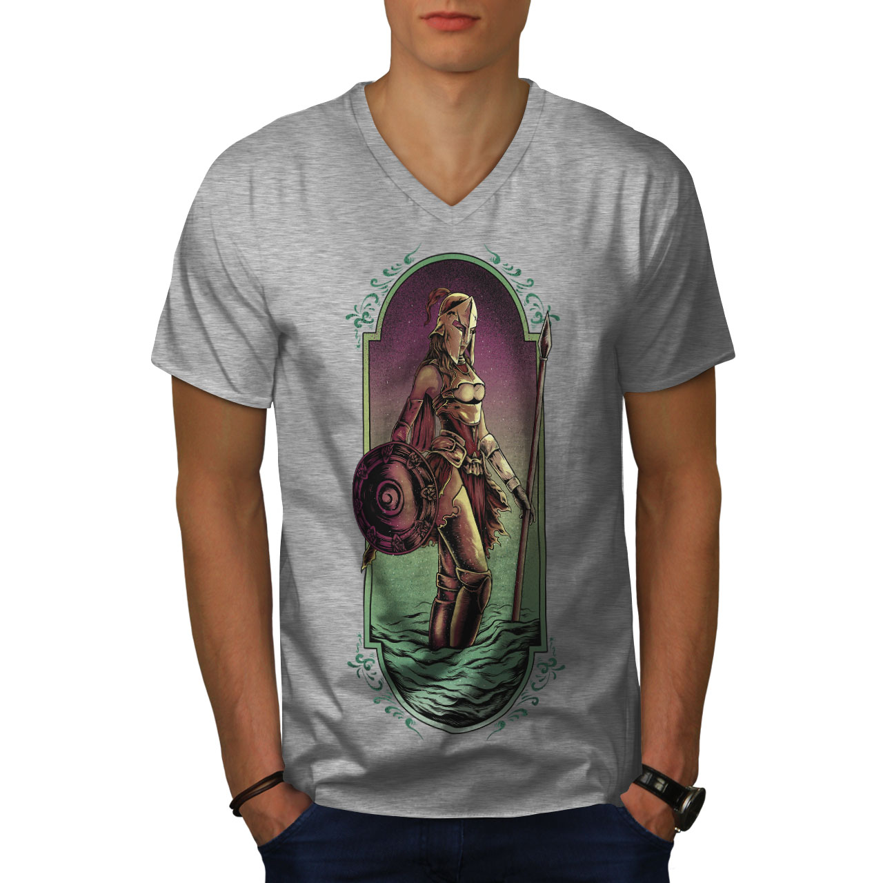 Wellcoda Warrior Woman Art Fashion Mens V-Neck T-shirt