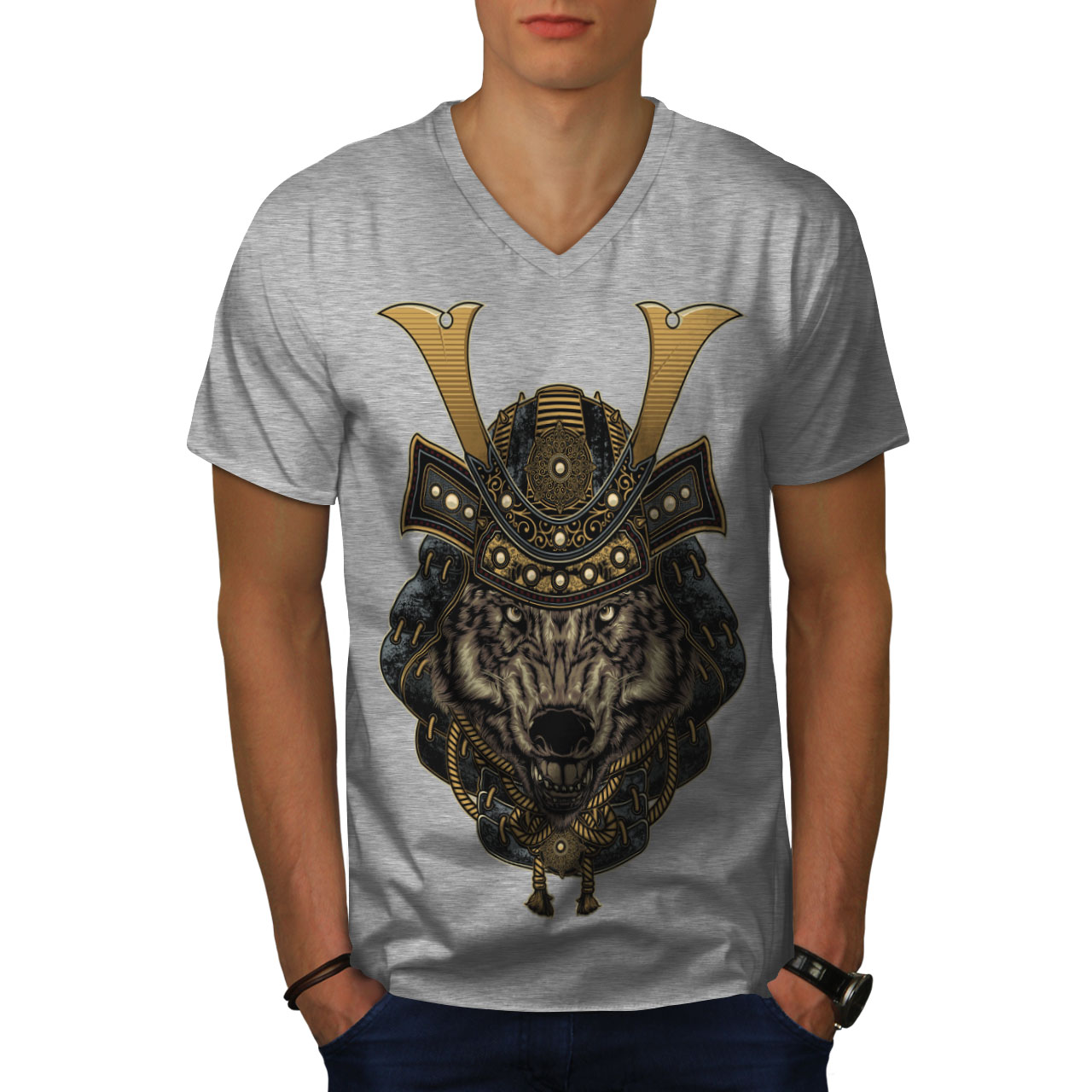 Wellcoda Wolf Warrior Animal Mens V-Neck T-shirt