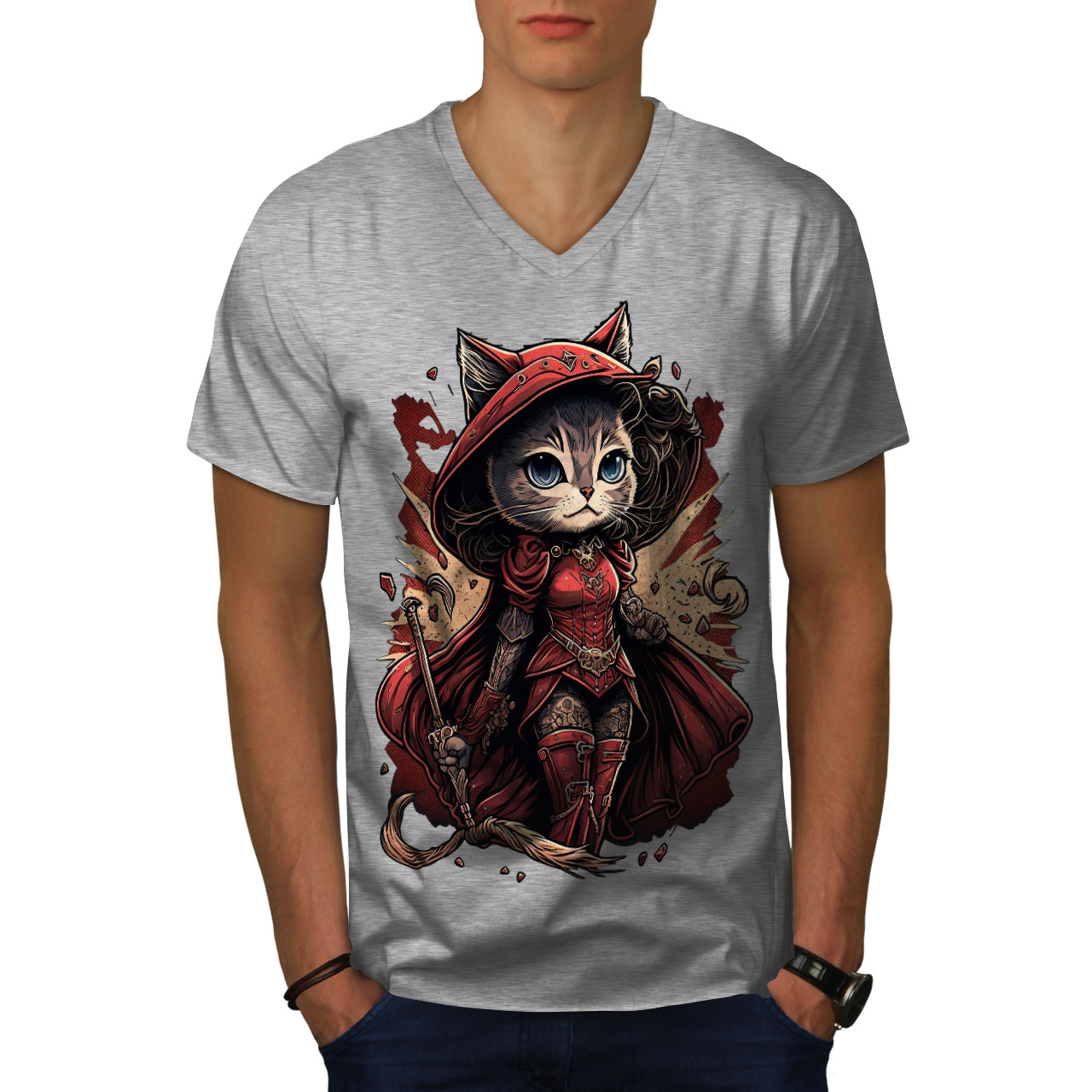 Wellcoda Warrior Cat Red Feline Mens V-Neck T-shirt