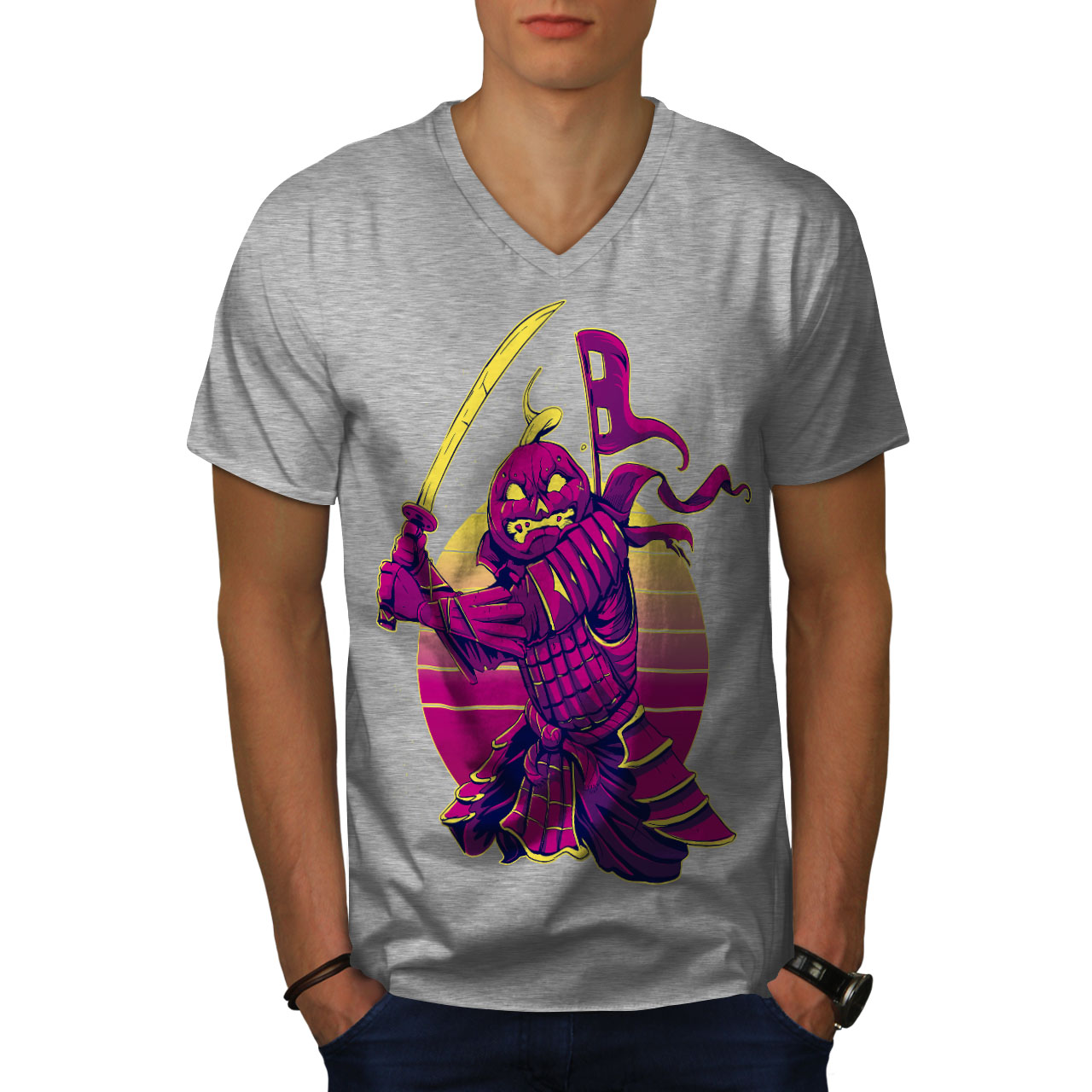 Wellcoda warrior Warrior with Pumpkin Head Mens V-Neck T-shirt